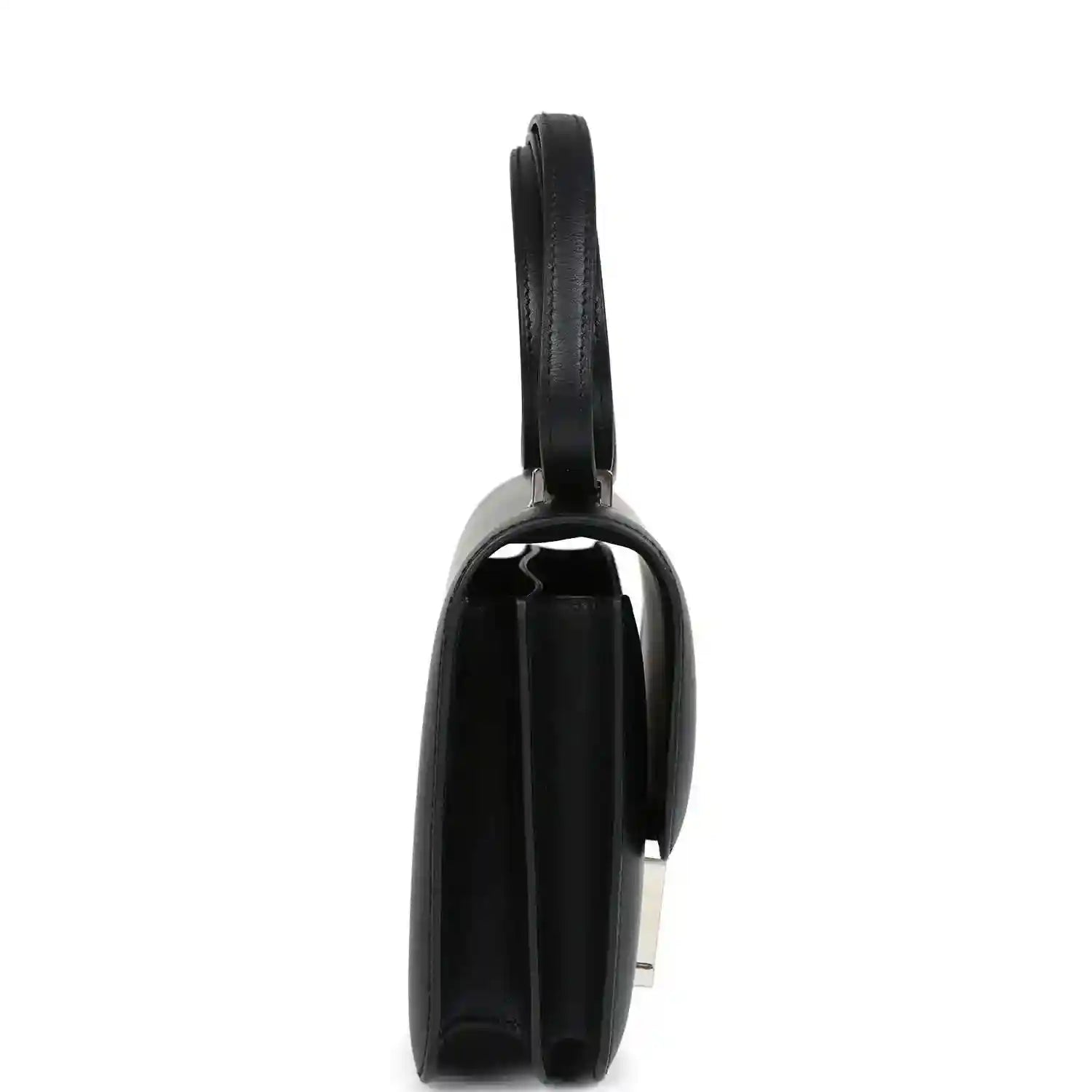 Hermes Constance 18 bag, black leather end view with strap and Palladium H hardware
