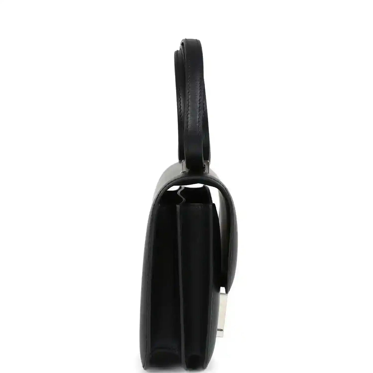 Hermes Constance 18 bag, black leather end view with strap and Palladium H hardware