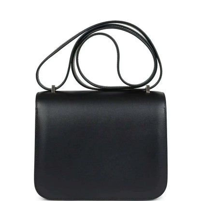 Hermes Constance 18 bag, black leather top view with double shoulder strap
