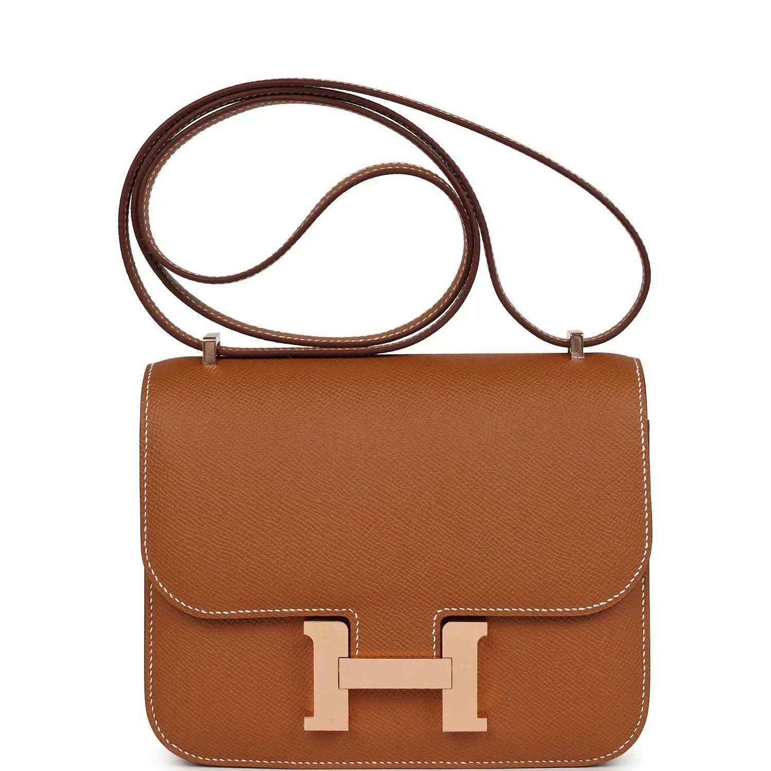 Brown leather mini handbag with top handle and front H clasp, rose-gold hardware
