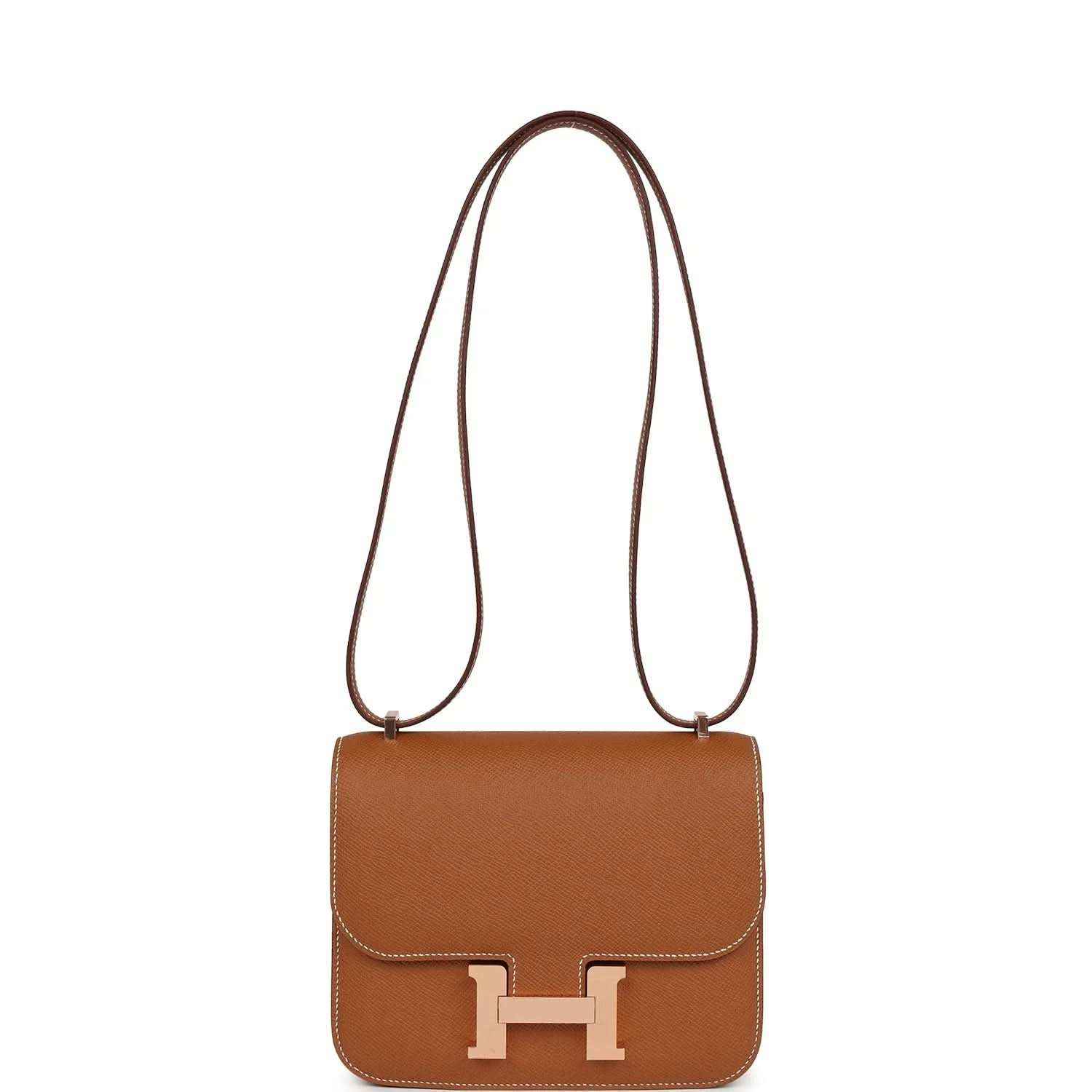 Brown leather mini handbag with shoulder strap and front flap H clasp