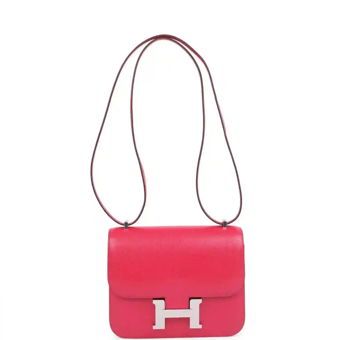 Hermes Constance 18 crossbody bag in rose pink leather with front flap and H clasp