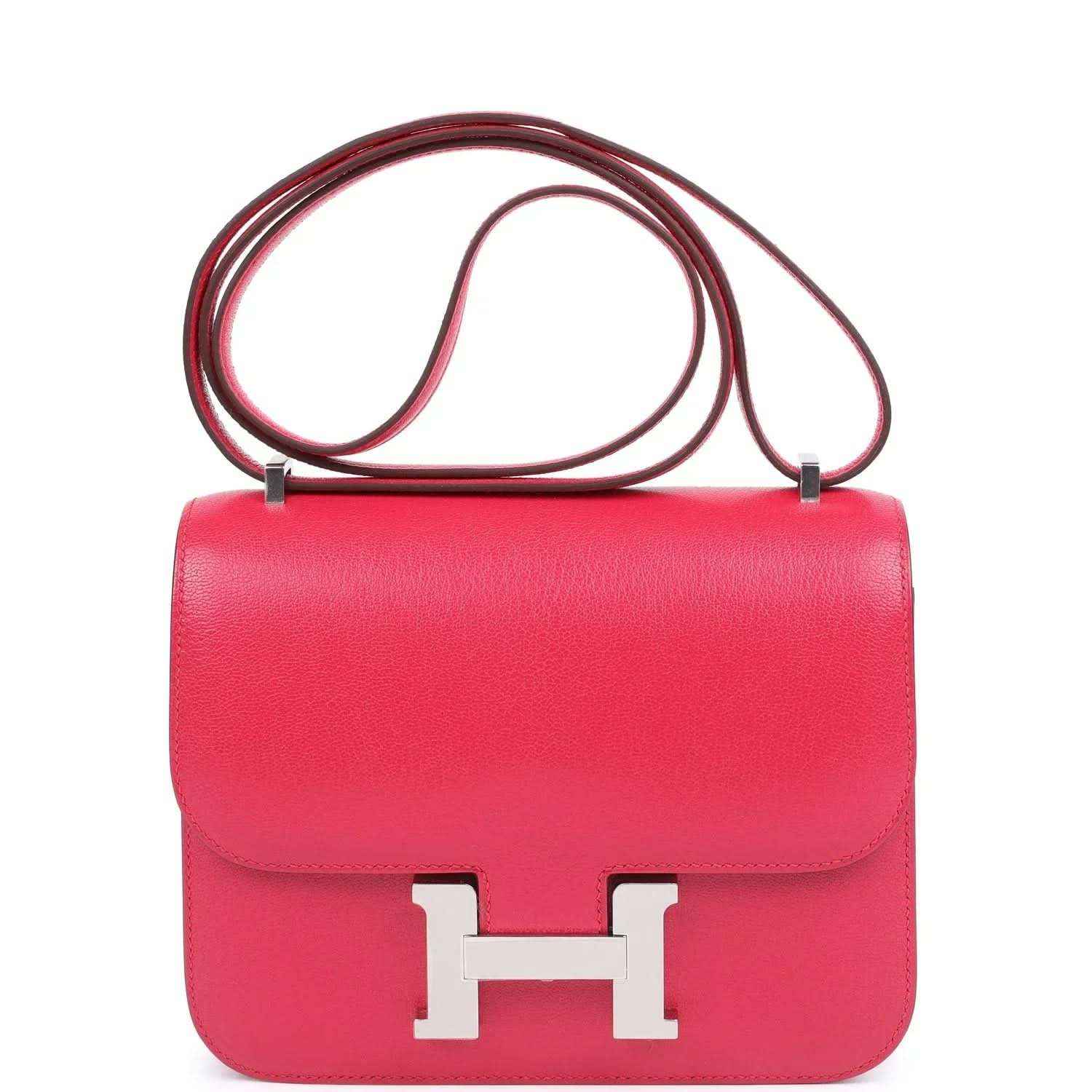 Hermes Constance 18 shoulder bag in rose pink leather with front flap and H clasp