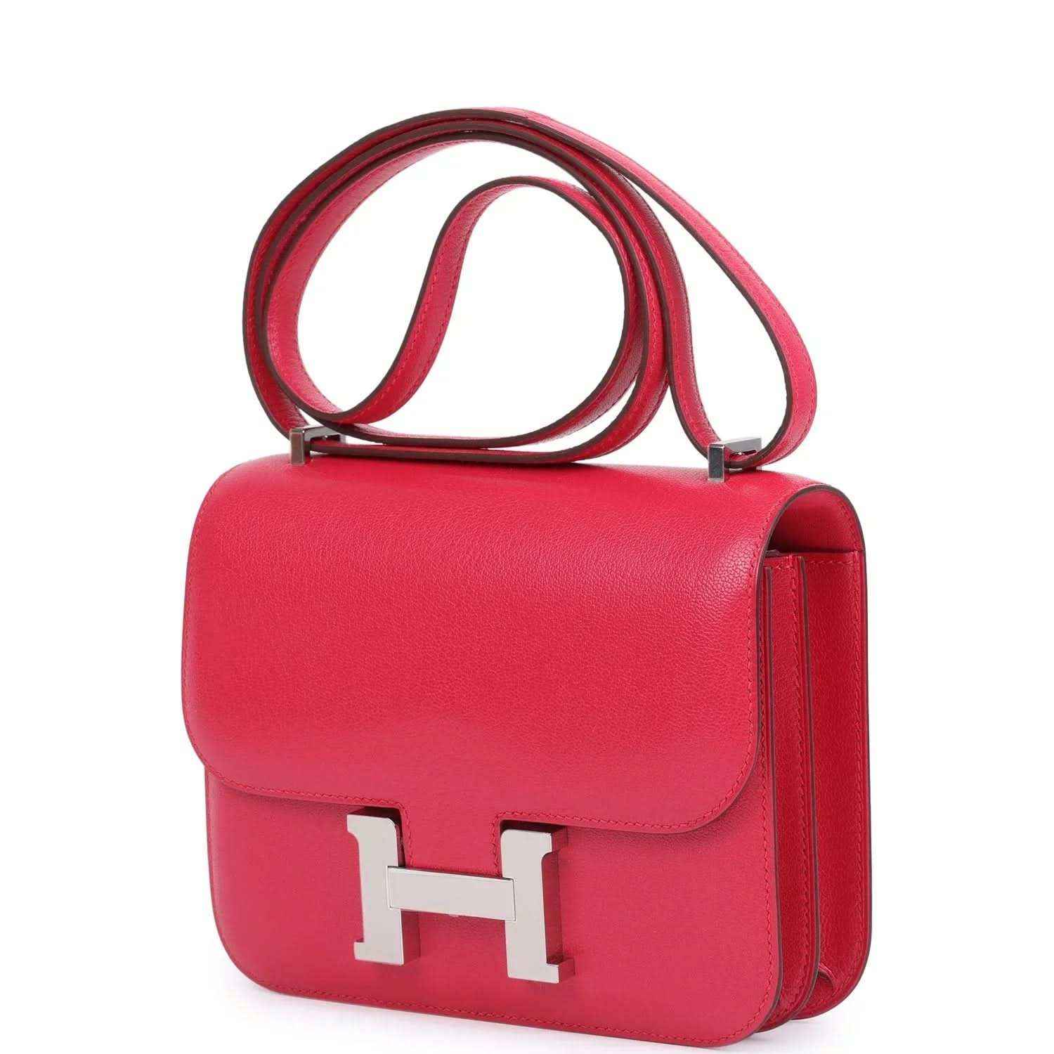 Hermes Constance 18 shoulder bag in rose pink leather with flap, H clasp, and strap