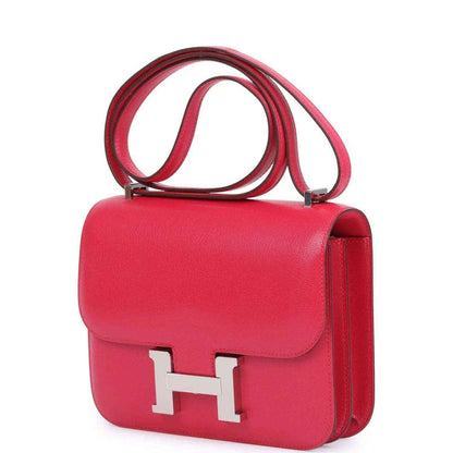 Hermes Constance 18 shoulder bag in rose pink leather with flap, H clasp, and strap