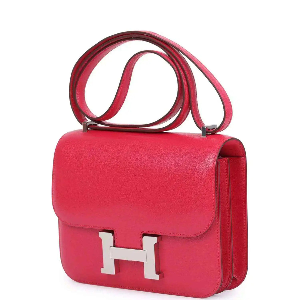 Hermes Constance 18 shoulder bag in rose pink leather with flap, H clasp, and strap
