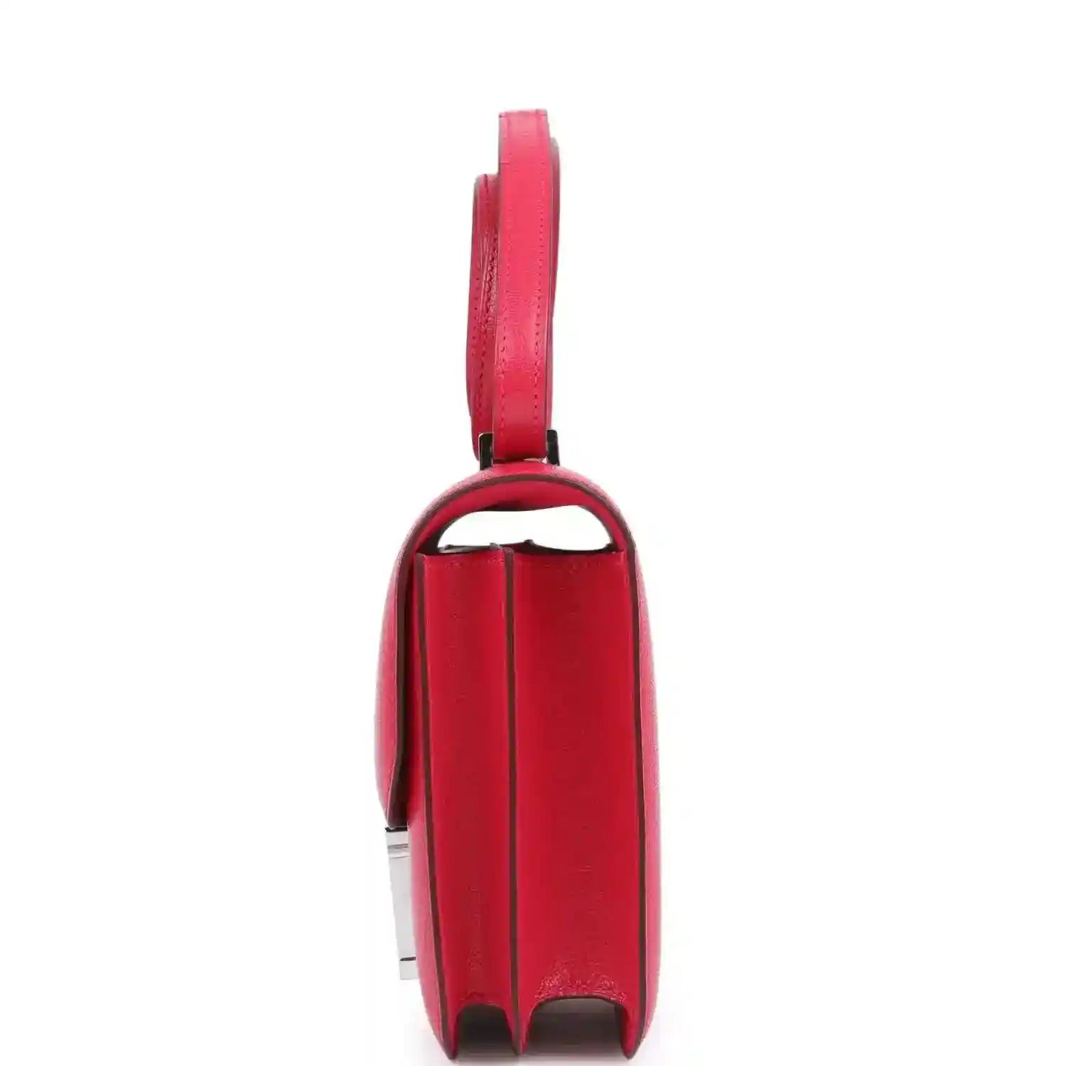 Hermes Constance 18 bag back view in rose pink leather with top strap and stitching