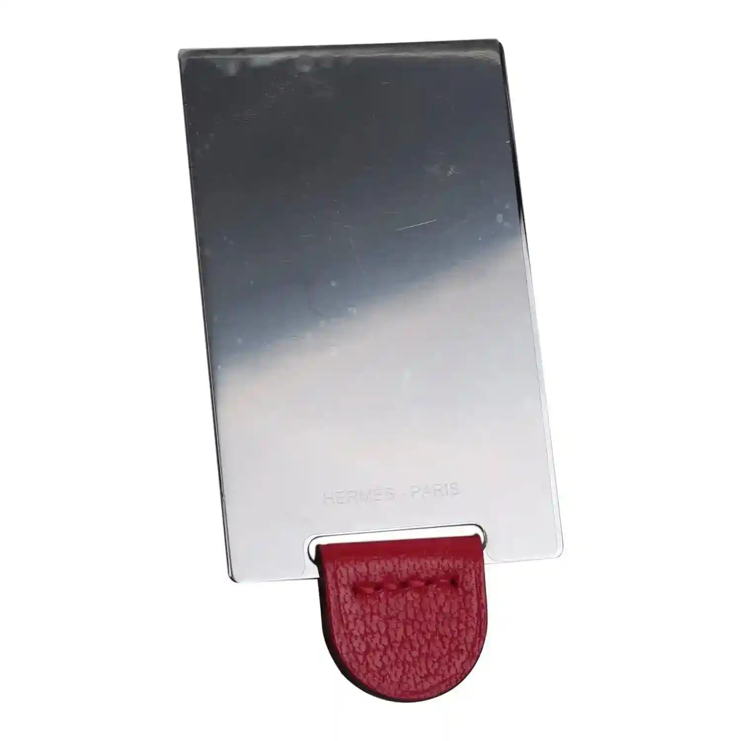 Hermes branded protective cover with red leather clip and silver-toned card