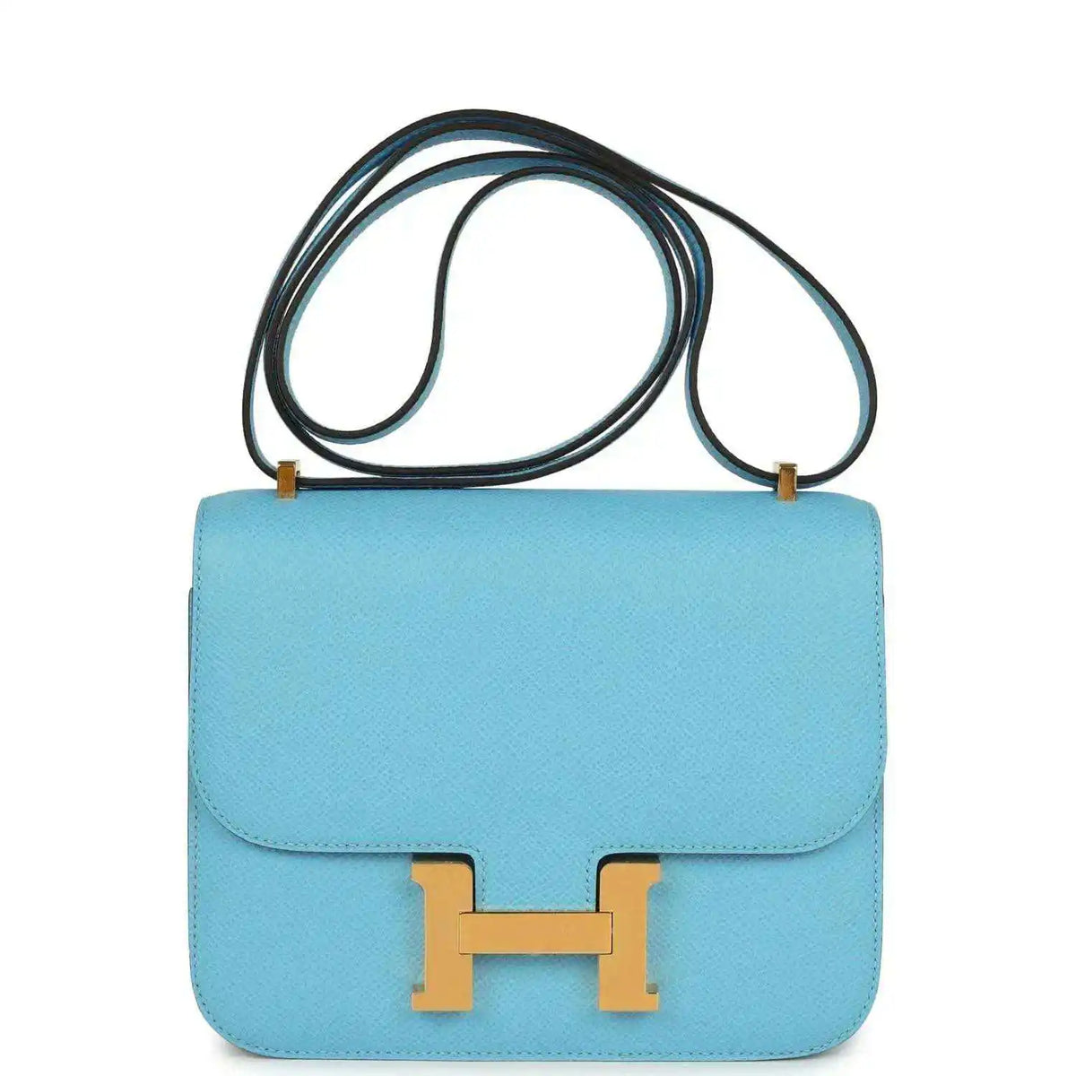 Mini crossbody bag in light blue leather with gold H clasp and top flap