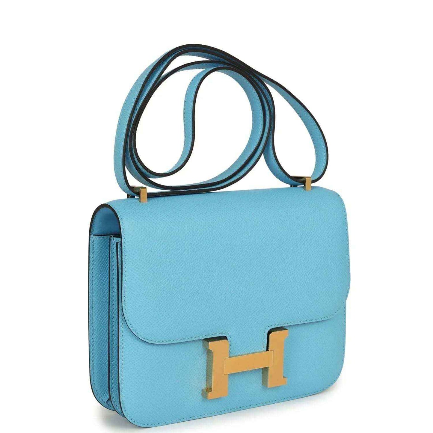 Mini crossbody bag in light blue leather with front H clasp and rolled shoulder strap