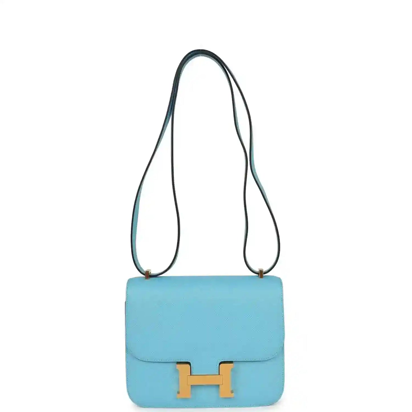 Mini crossbody bag in light blue leather with gold H clasp and long shoulder strap