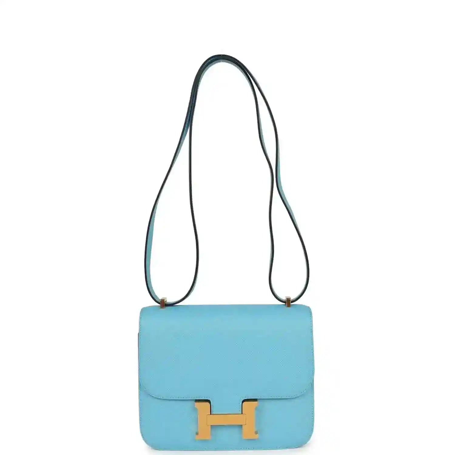 Mini crossbody bag in light blue leather with gold H clasp and long shoulder strap