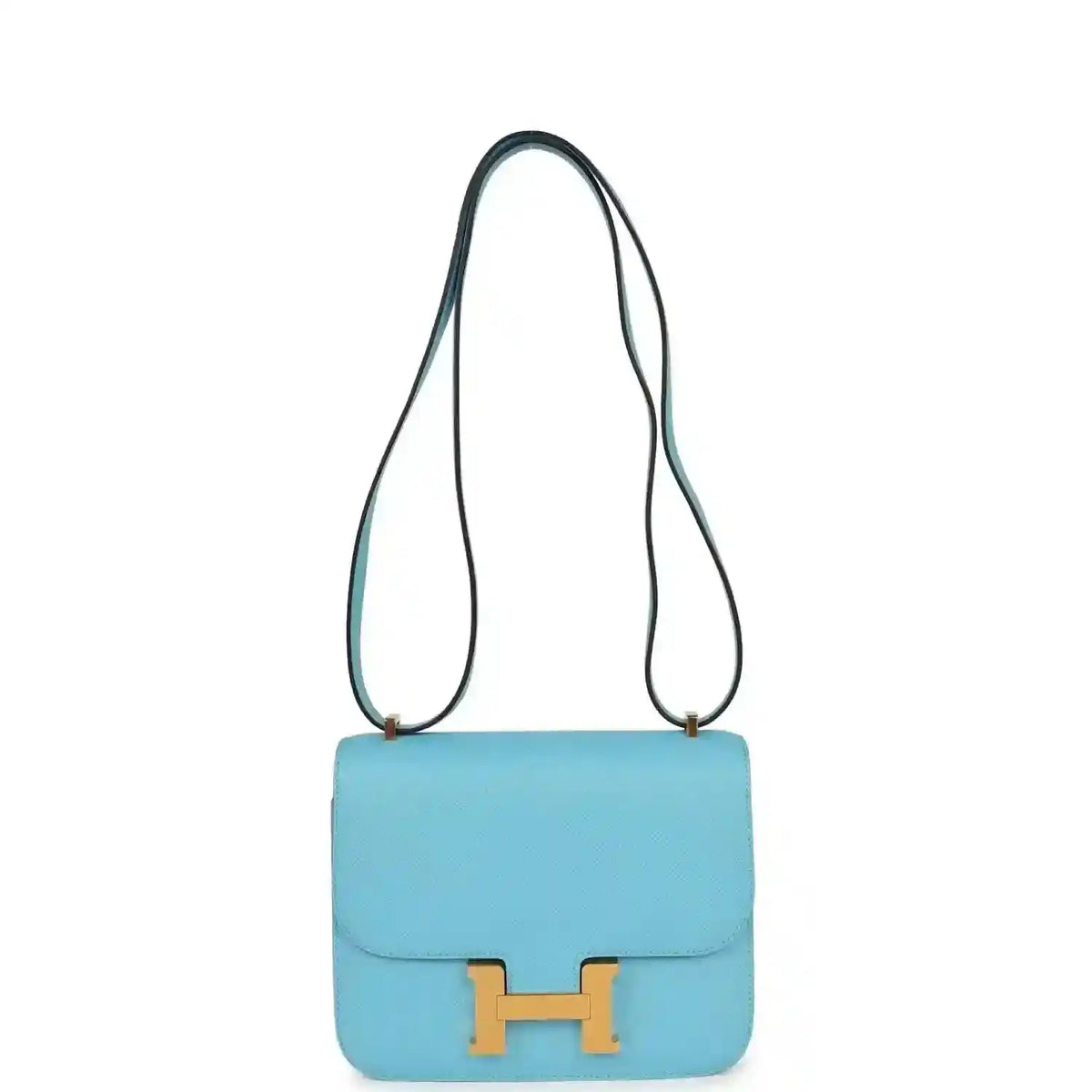 Mini crossbody bag in light blue leather with gold H clasp and long shoulder strap