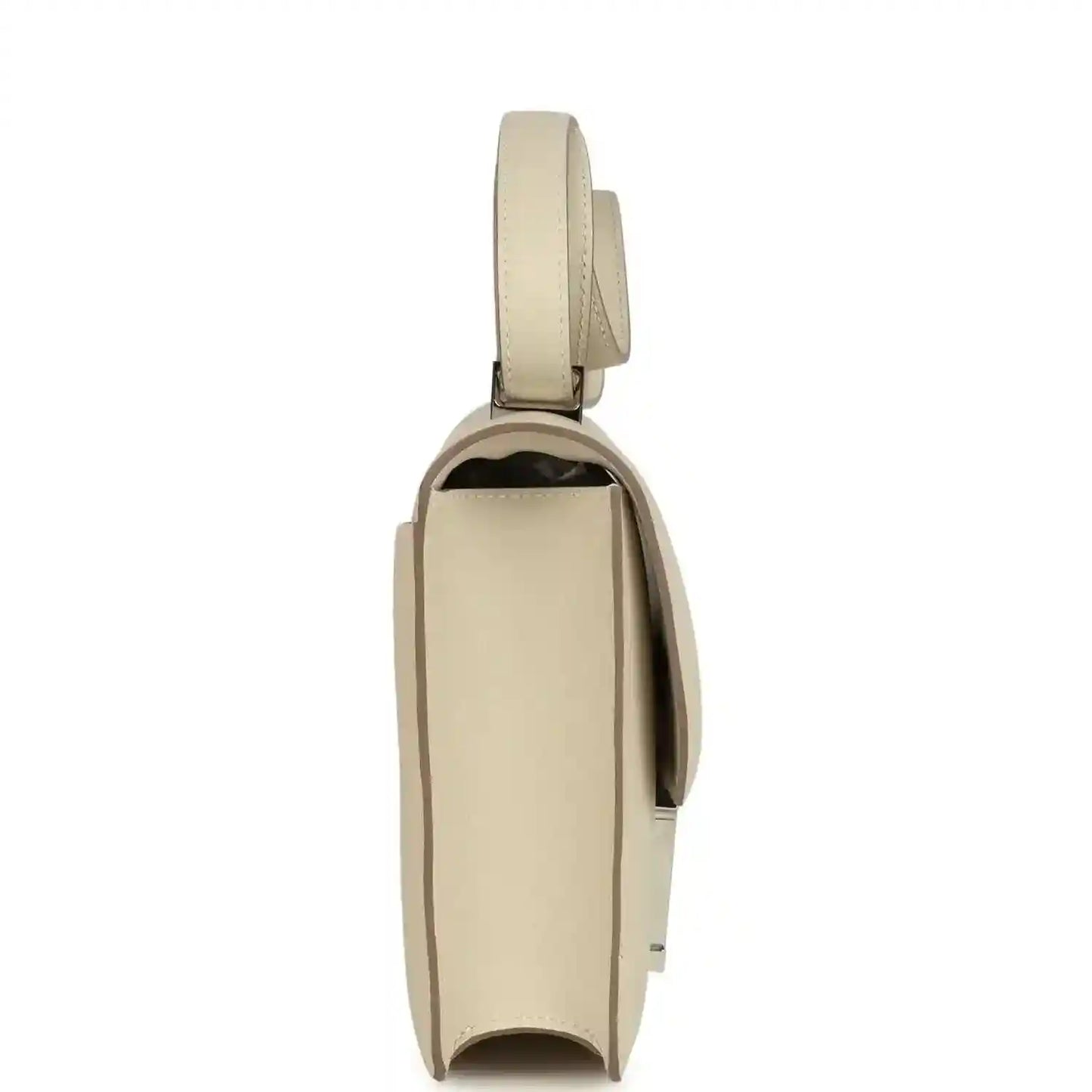 Beige leather handbag side view with top handle strap and flap closure hardware