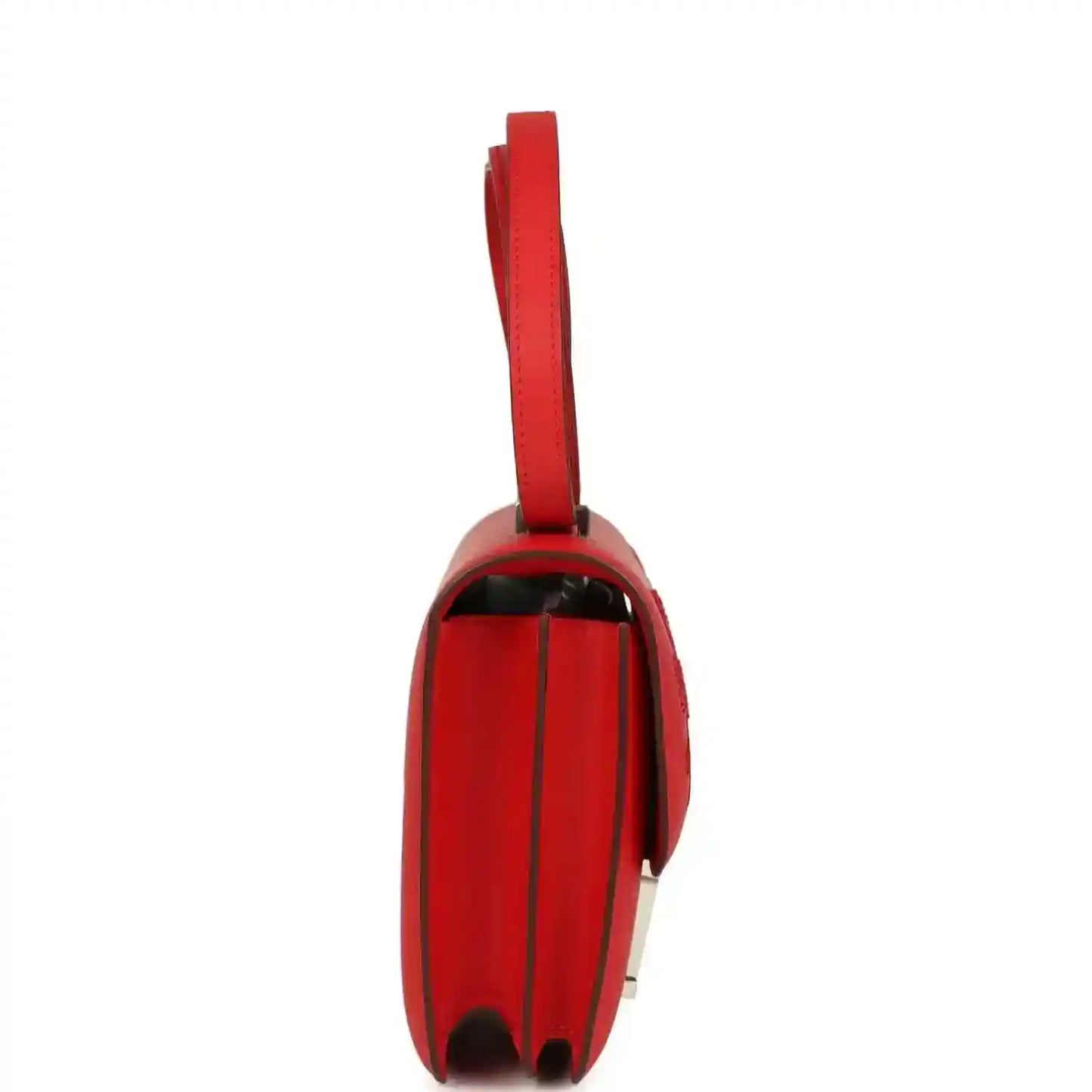 Red leather shoulder bag side view with double strap and rounded edges