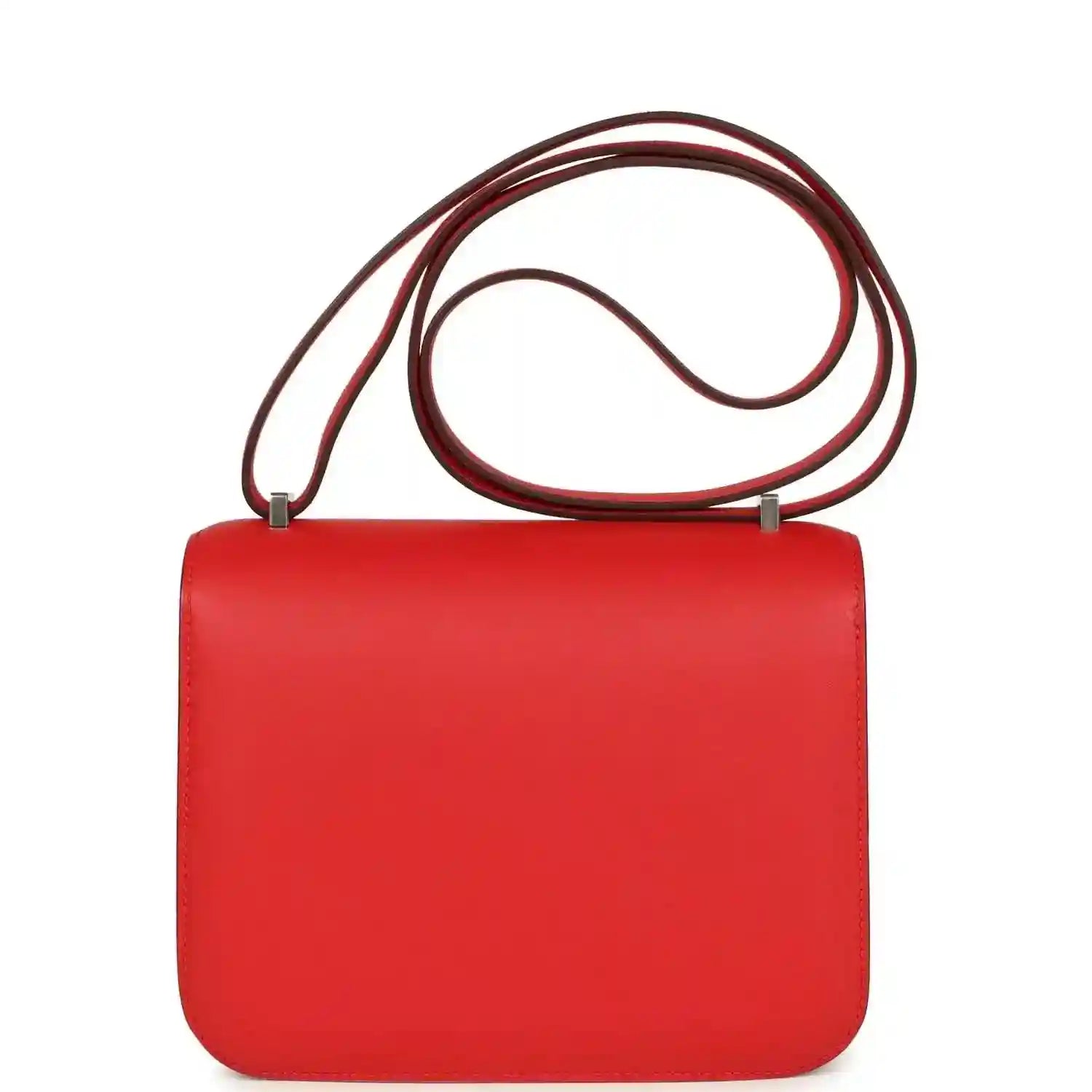 Red leather shoulder bag back view with double strap, smooth flap