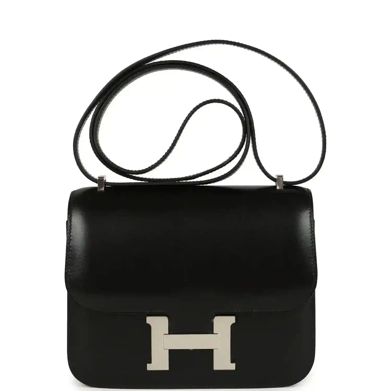 Black calfskin crossbody bag with front flap and H clasp, palladium hardware.