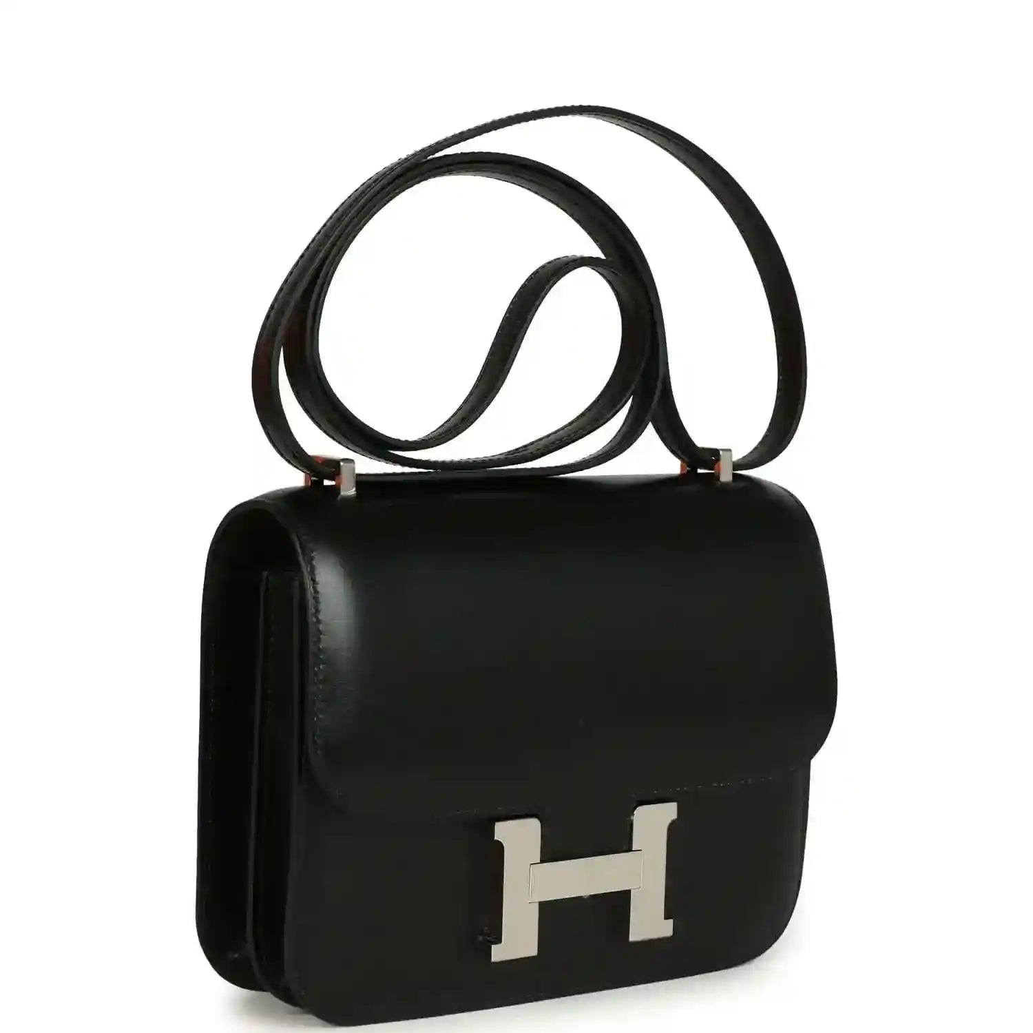 Black calfskin shoulder bag with front flap and H clasp, top handle and long strap.