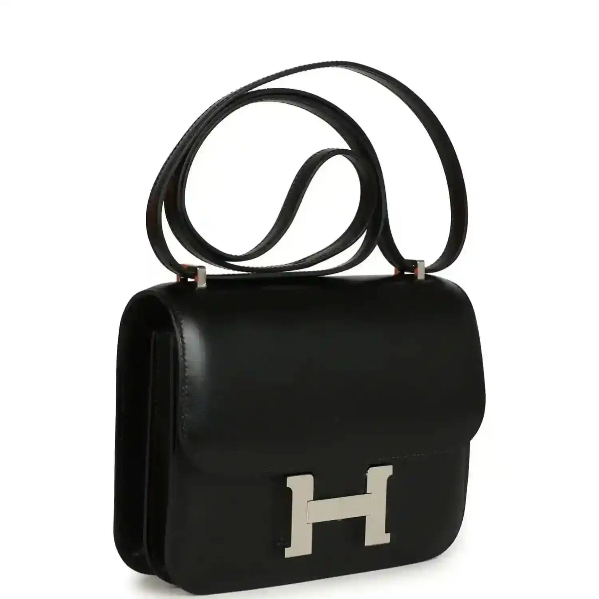 Black calfskin shoulder bag with front flap and H clasp, top handle and long strap.