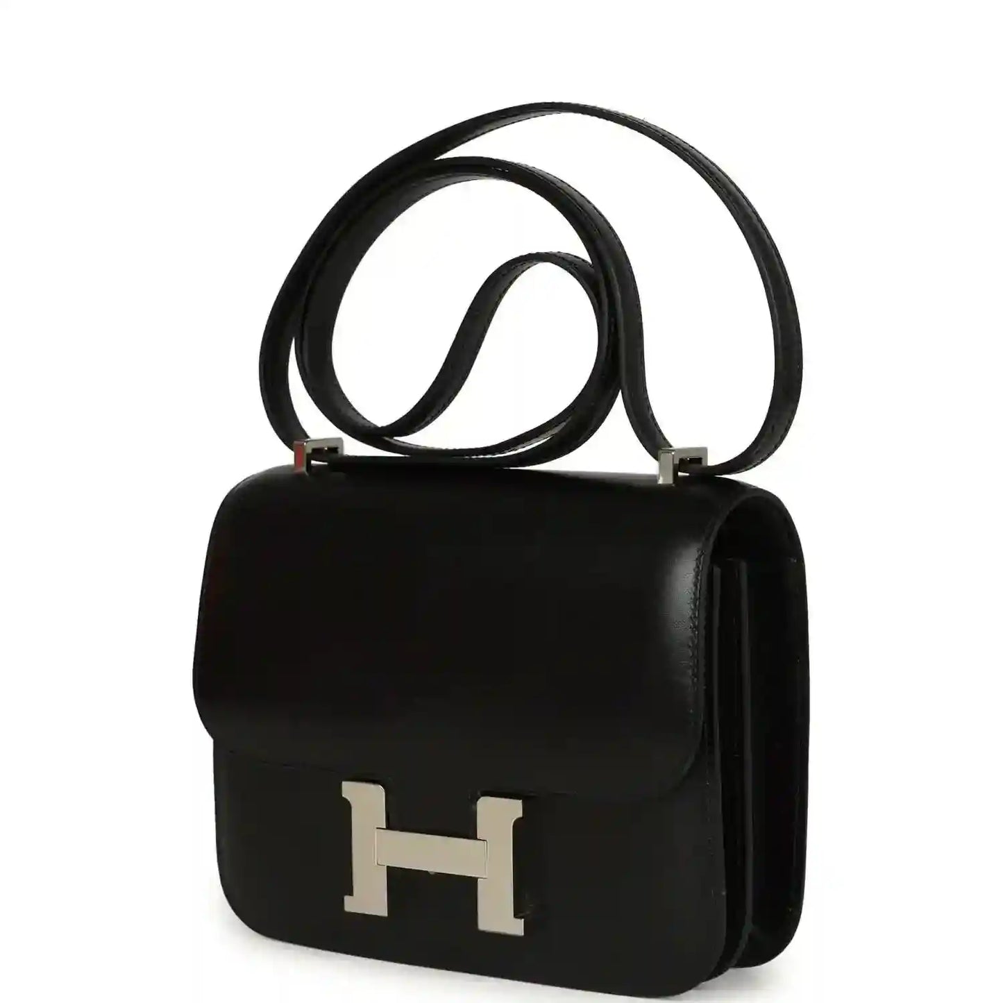 Black calfskin shoulder bag with front flap, H clasp, and side handle.