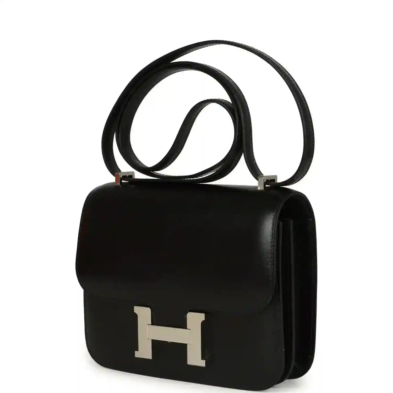 Black calfskin shoulder bag with front flap, H clasp, and side handle.