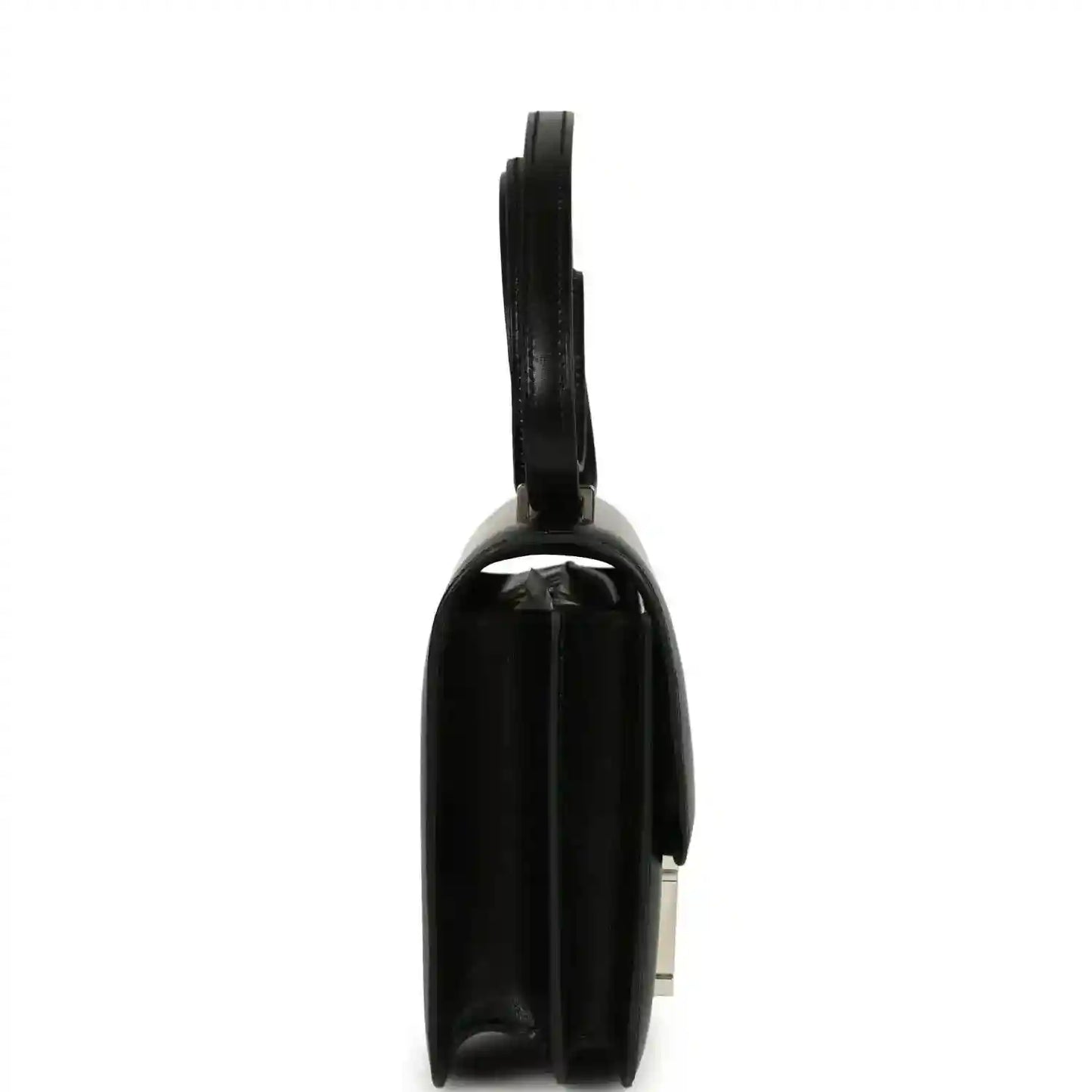 Black calfskin bag side view with top handle and H clasp hardware.
