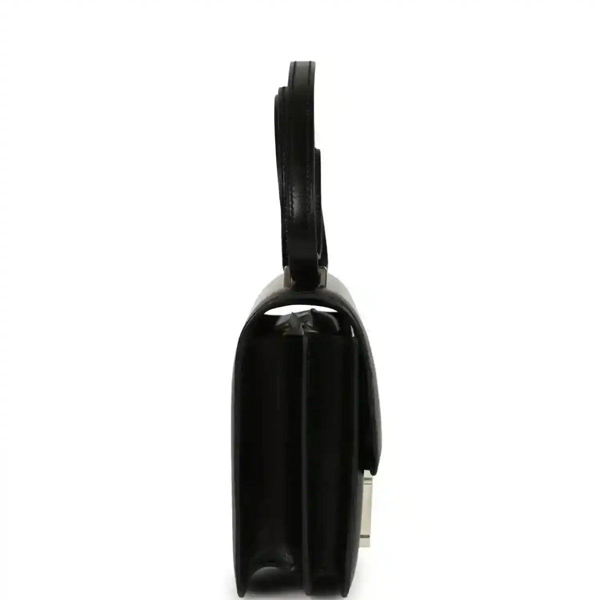 Black calfskin bag side view with top handle and H clasp hardware.