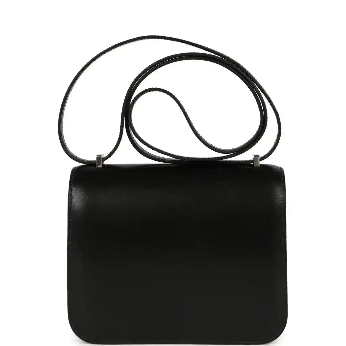 Black calfskin top-handle bag with front flap and H clasp; long shoulder strap attached.