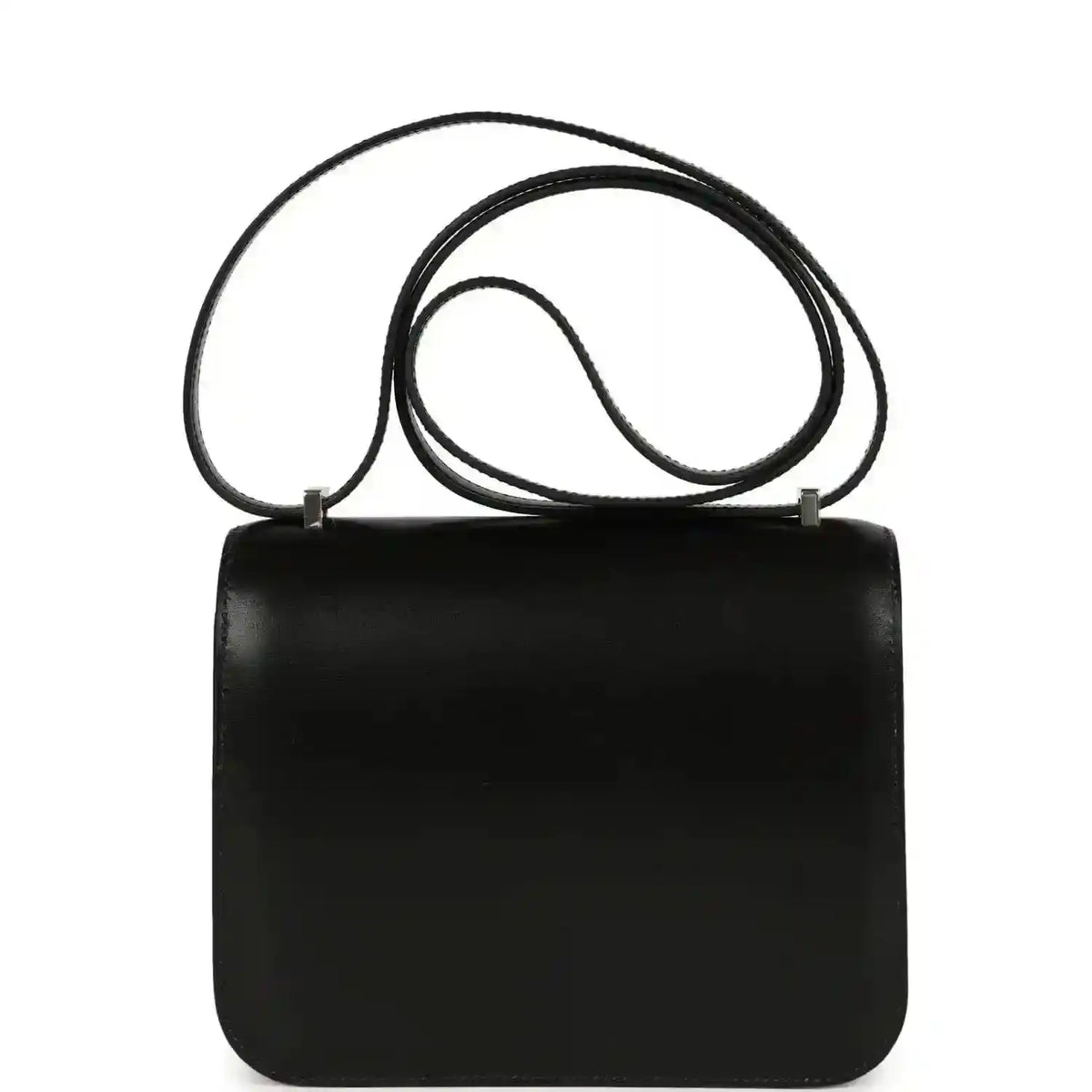 Black calfskin top-handle bag with front flap and H clasp; long shoulder strap attached.