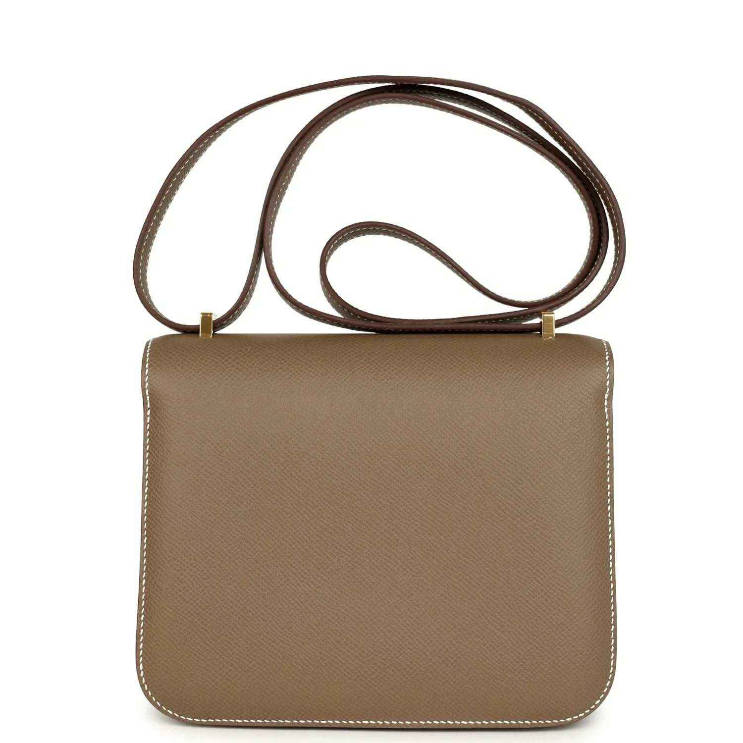 Etoupe Constance 18 crossbody bag back view with long strap and stitched edges