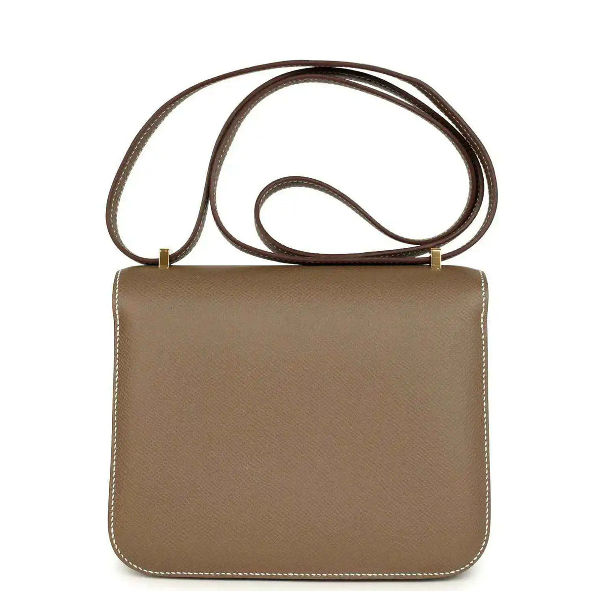 Etoupe Constance 18 crossbody bag back view with long strap and stitched edges