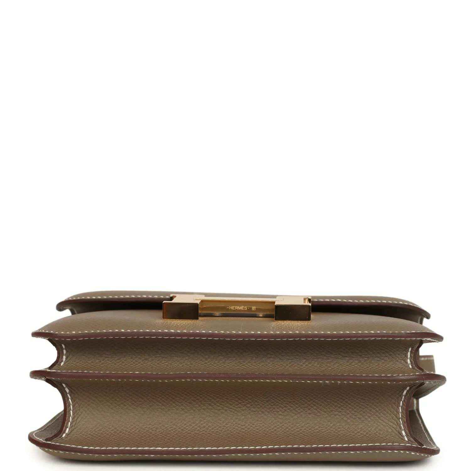 Etoupe Constance 18 crossbody bag interior opening with gold top clasp hardware