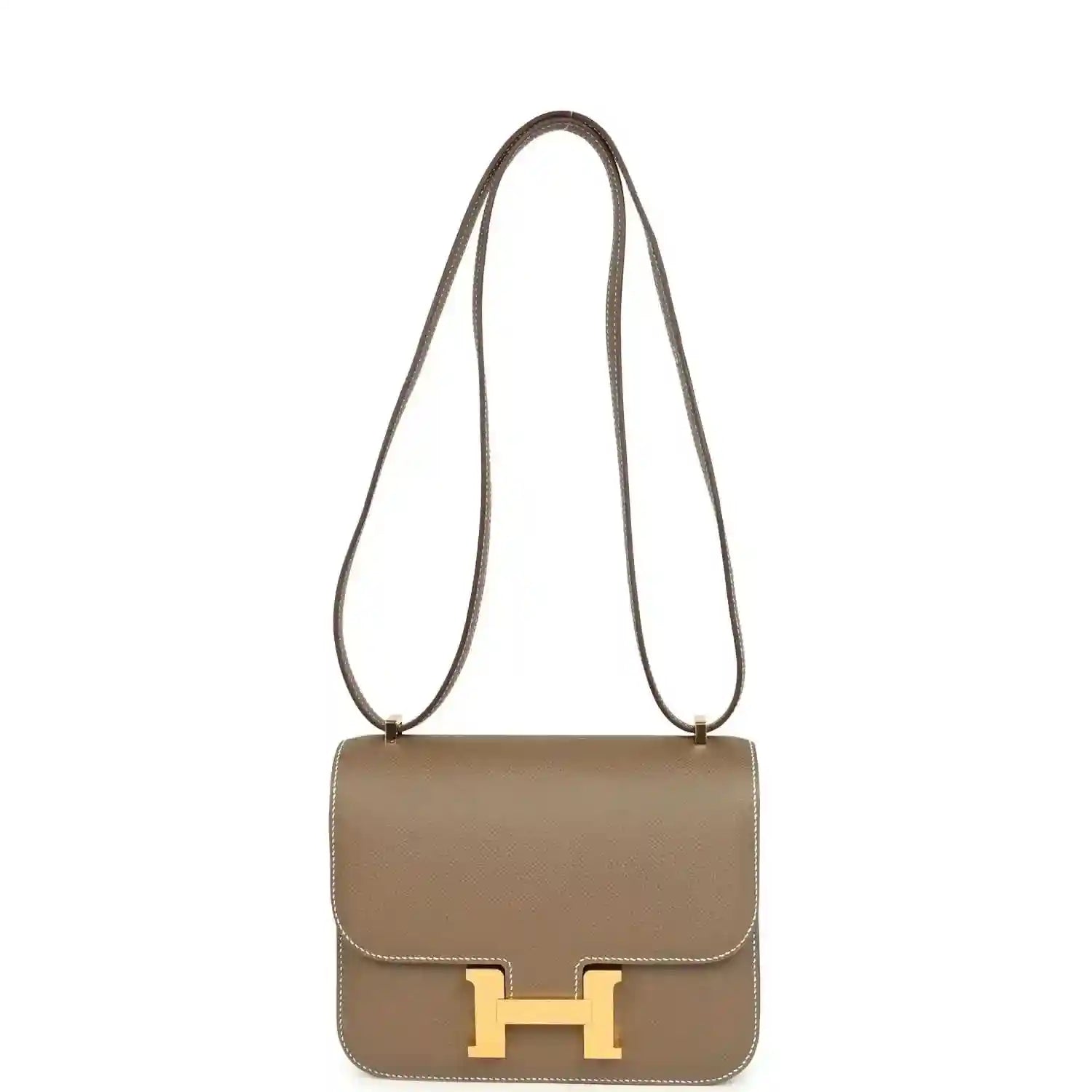 Etoupe Constance 18 crossbody bag with gold H clasp and long shoulder strap