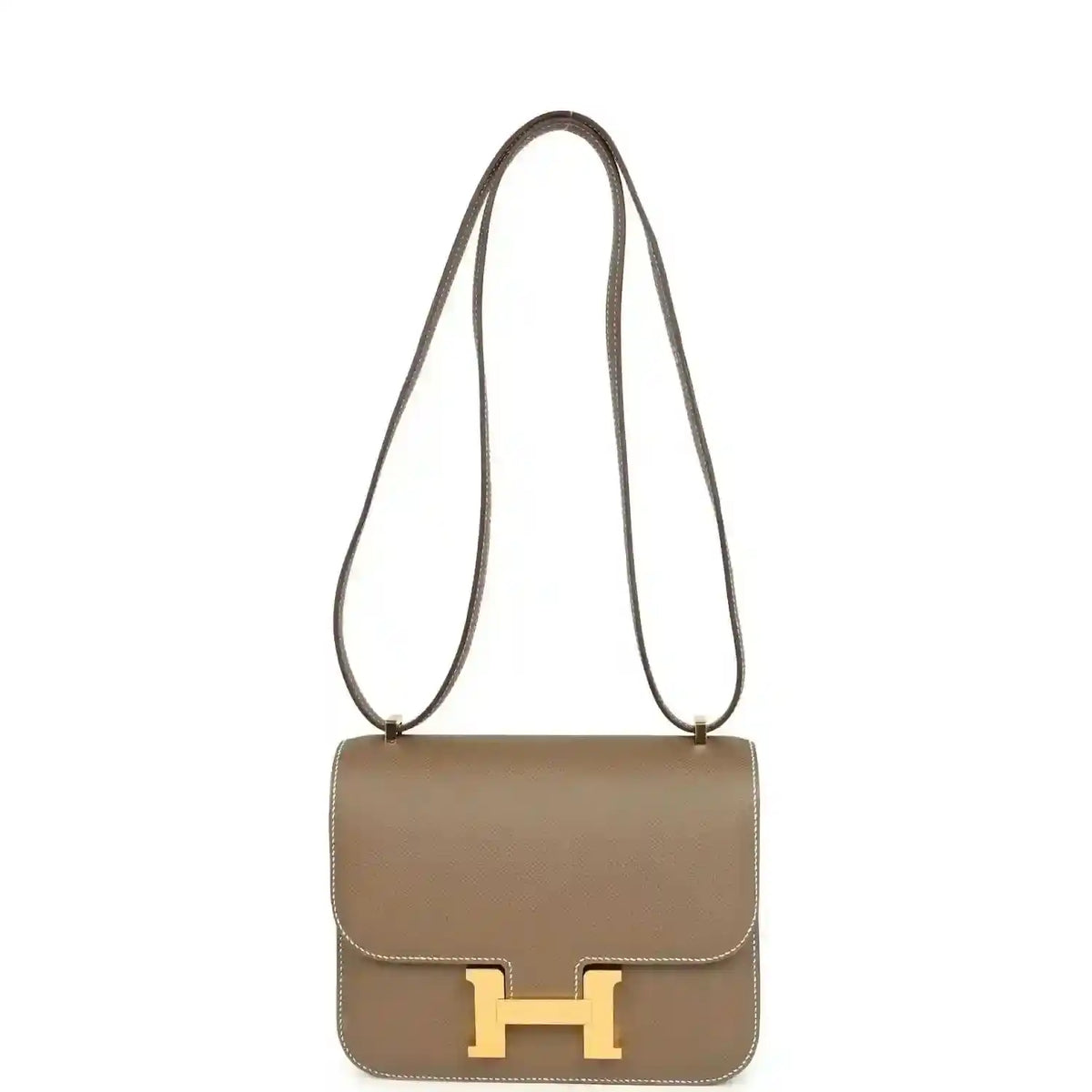 Etoupe Constance 18 crossbody bag with gold H clasp and long shoulder strap