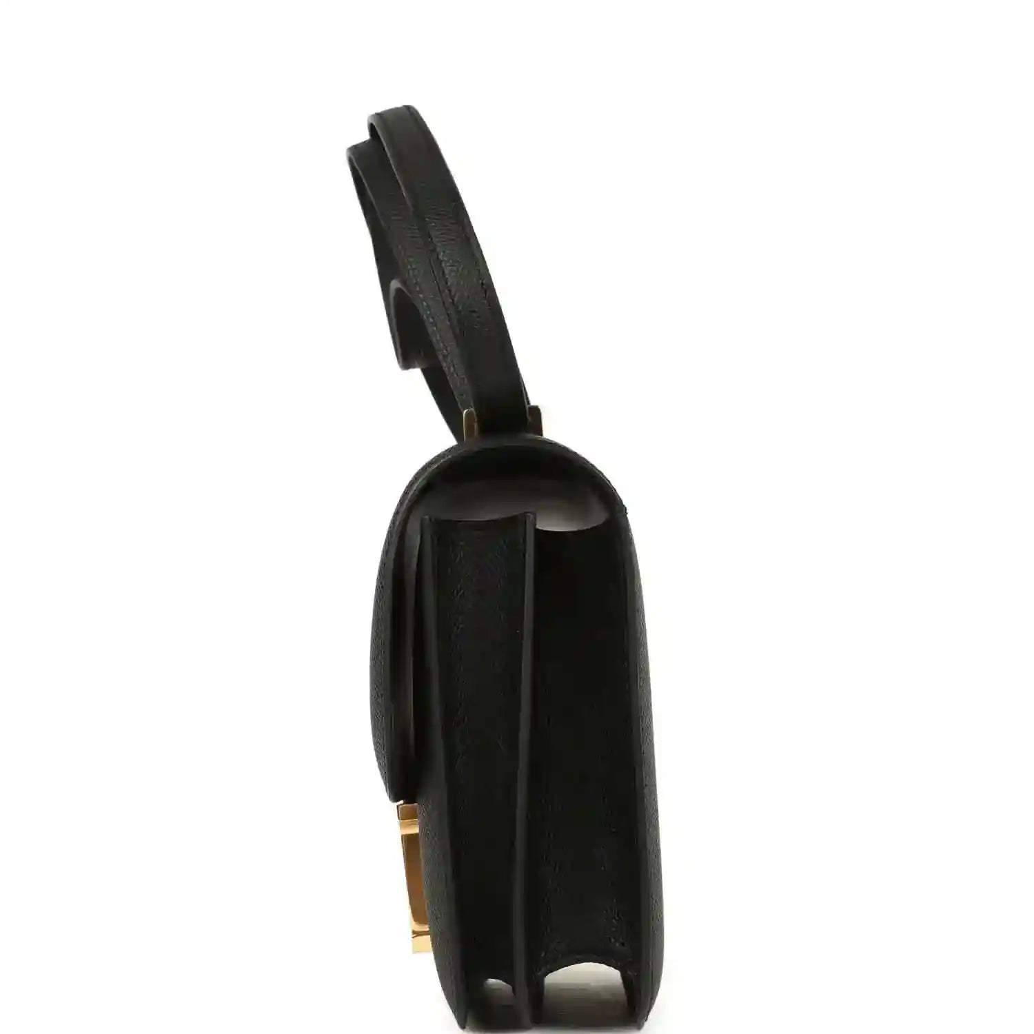 Black handbag back panel with gold-tone hardware detail and shoulder strap.