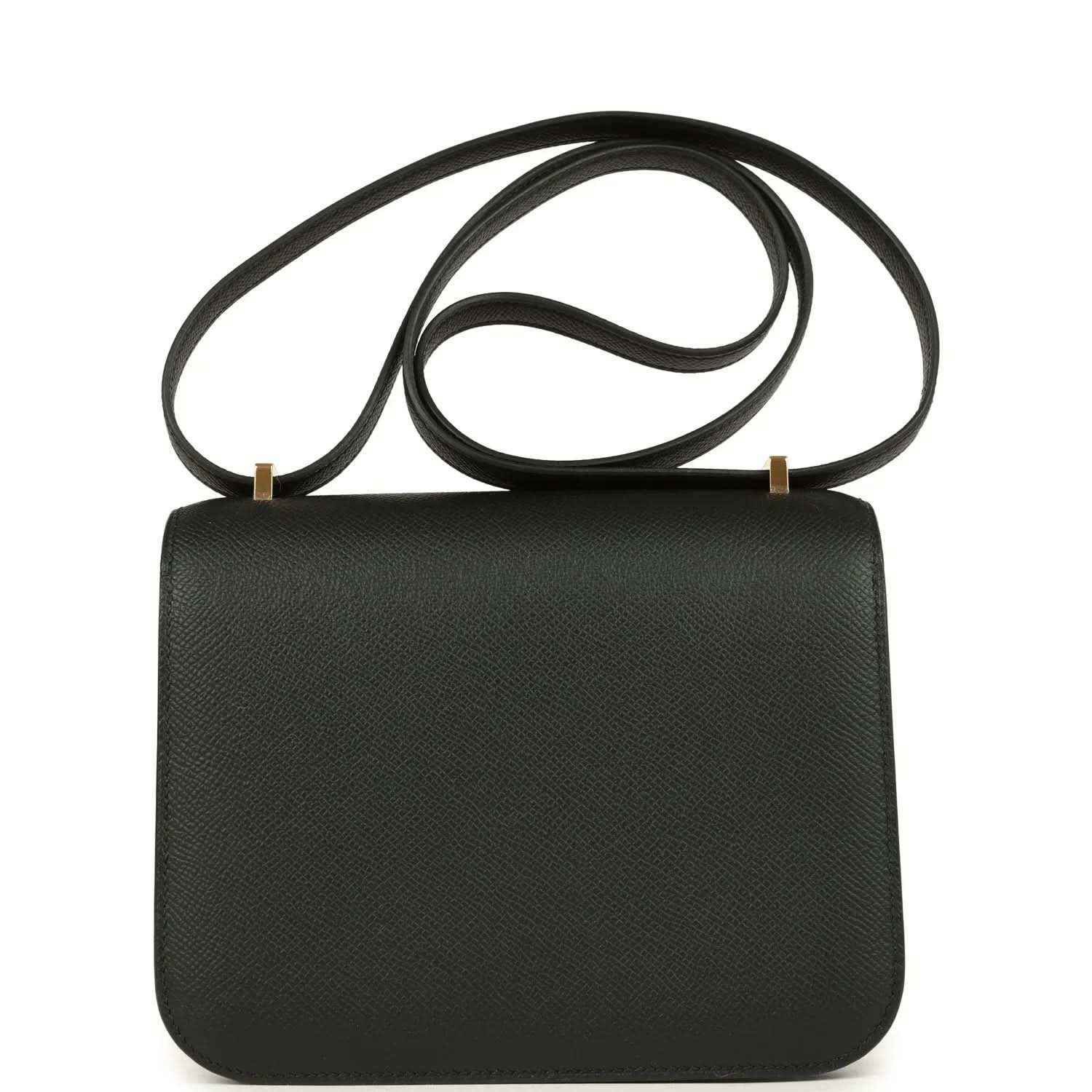Black crossbody handbag with textured leather finish, top flap and shoulder strap.