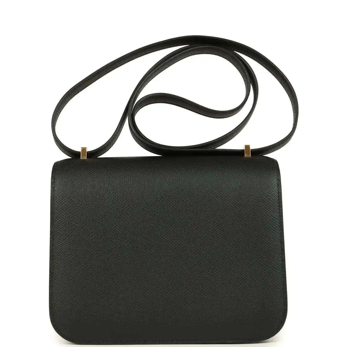 Black crossbody handbag with textured leather finish, top flap and shoulder strap.