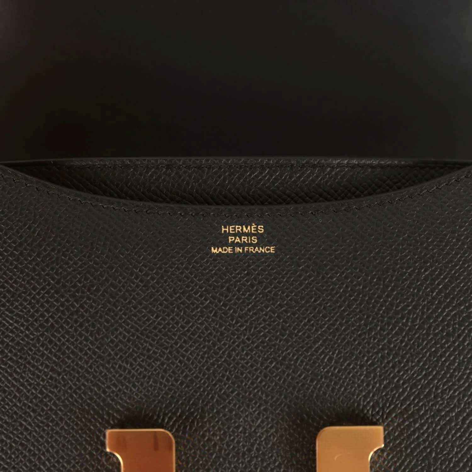 Black leather interior stamp: HERMES PARIS, MADE IN FRANCE.