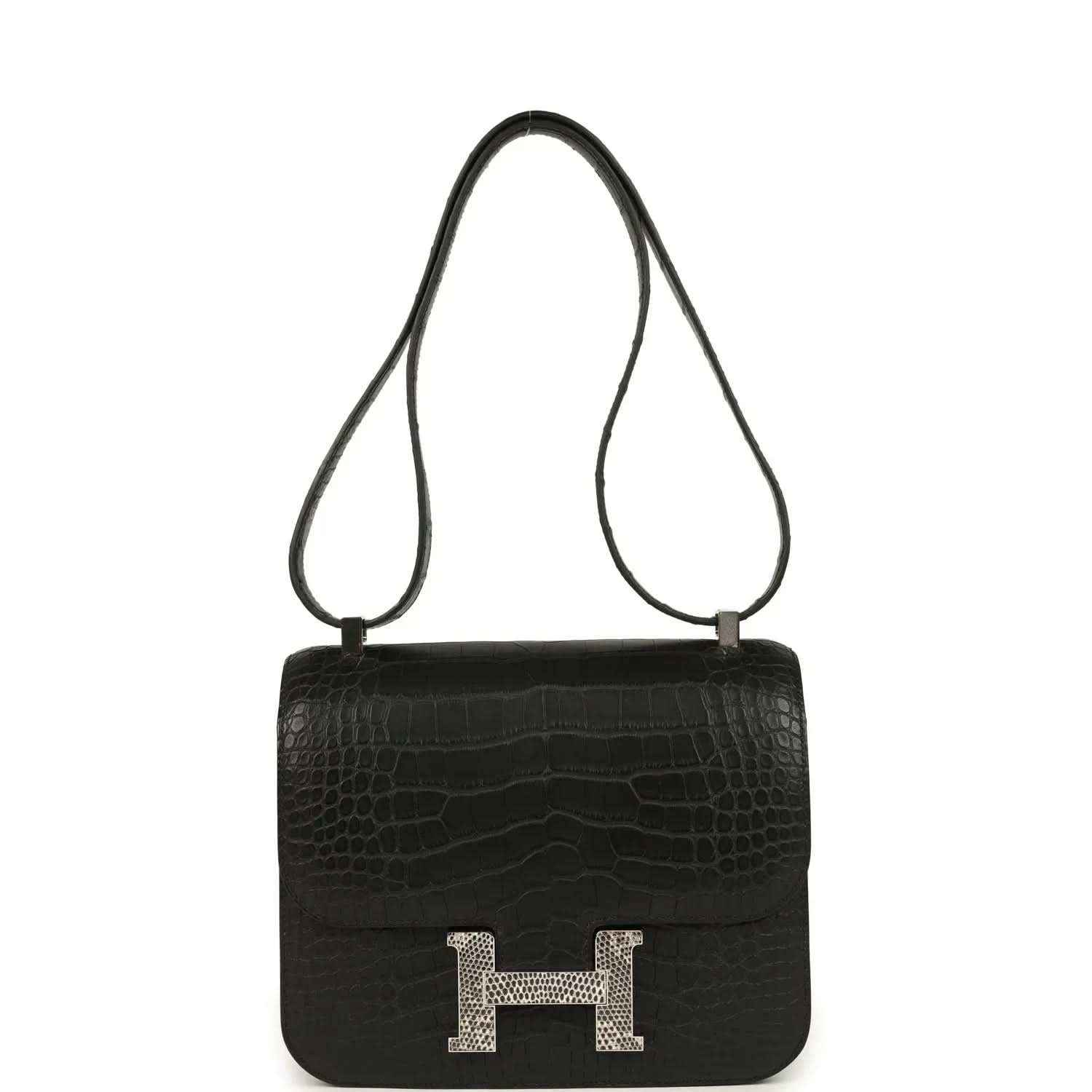 Black crocodile-pattern flap bag with gold H clasp and crossbody strap