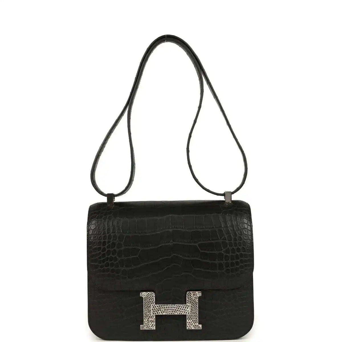 Black crocodile-pattern flap bag with gold H clasp and crossbody strap