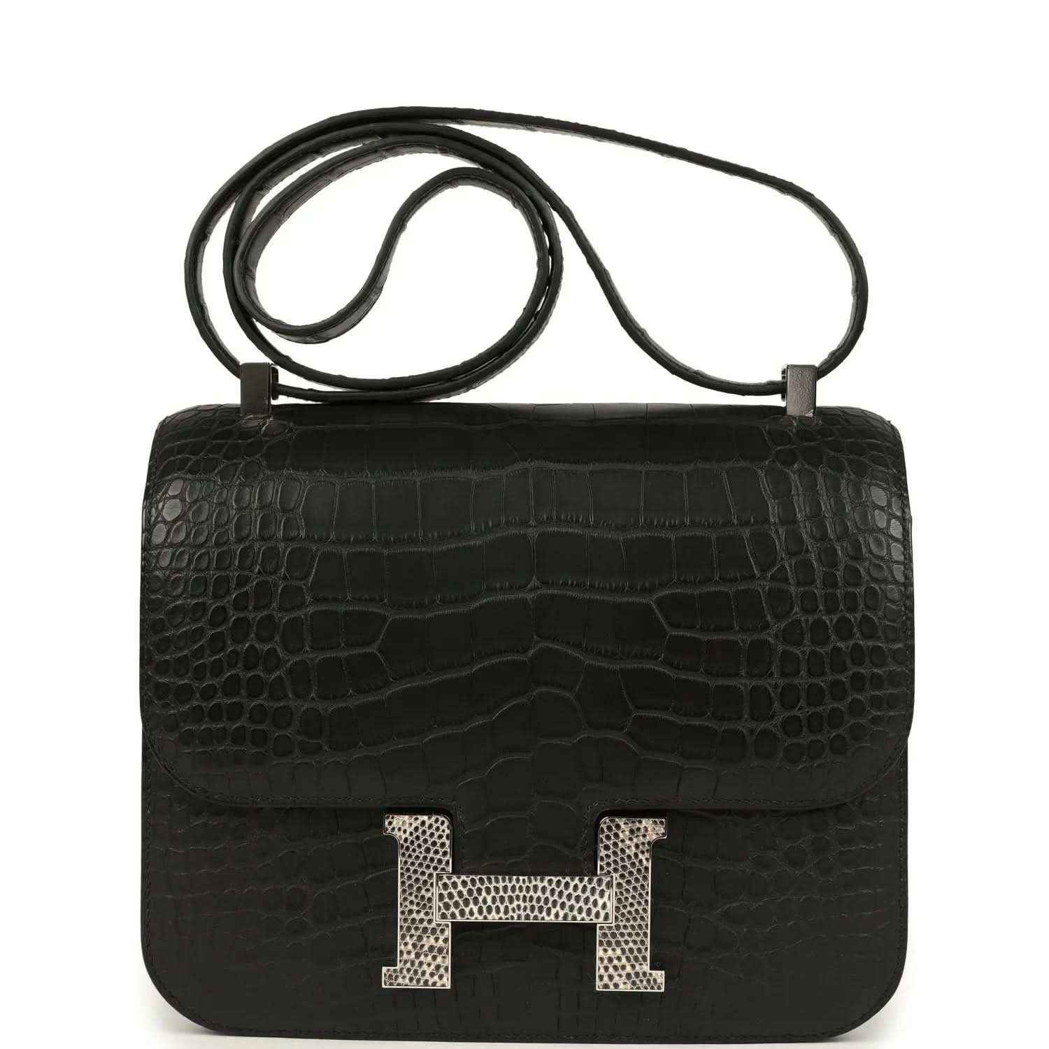 Black crocodile-pattern flap bag with gold H clasp and top handle