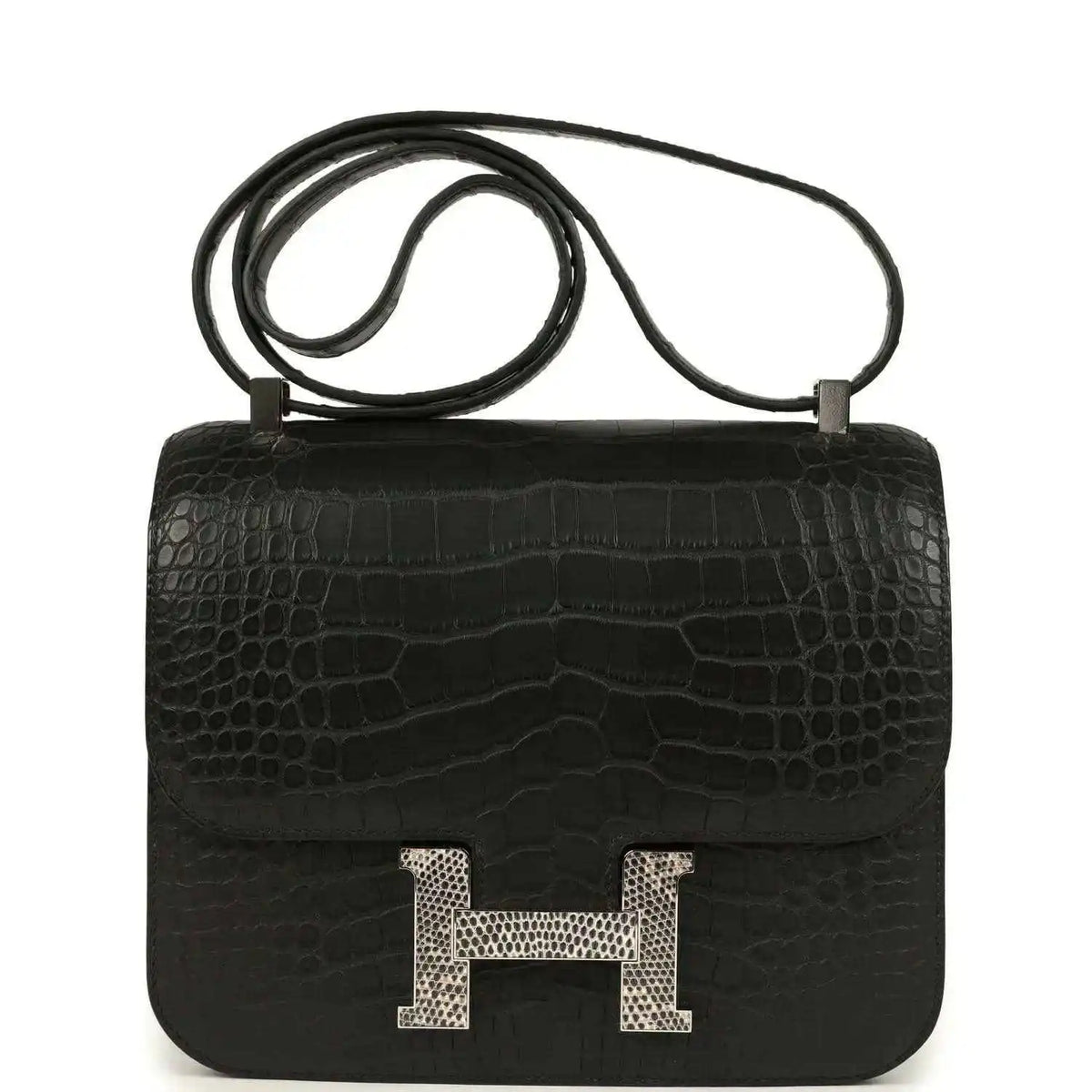 Black crocodile-pattern flap bag with gold H clasp and top handle