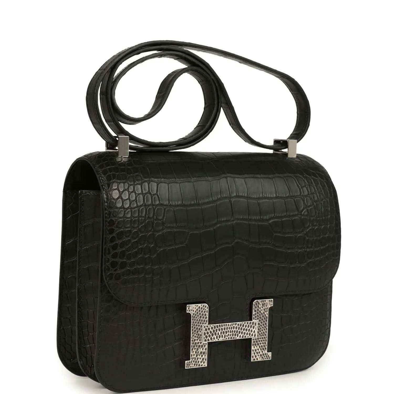 Black crocodile-pattern flap bag with gold H clasp and shoulder strap