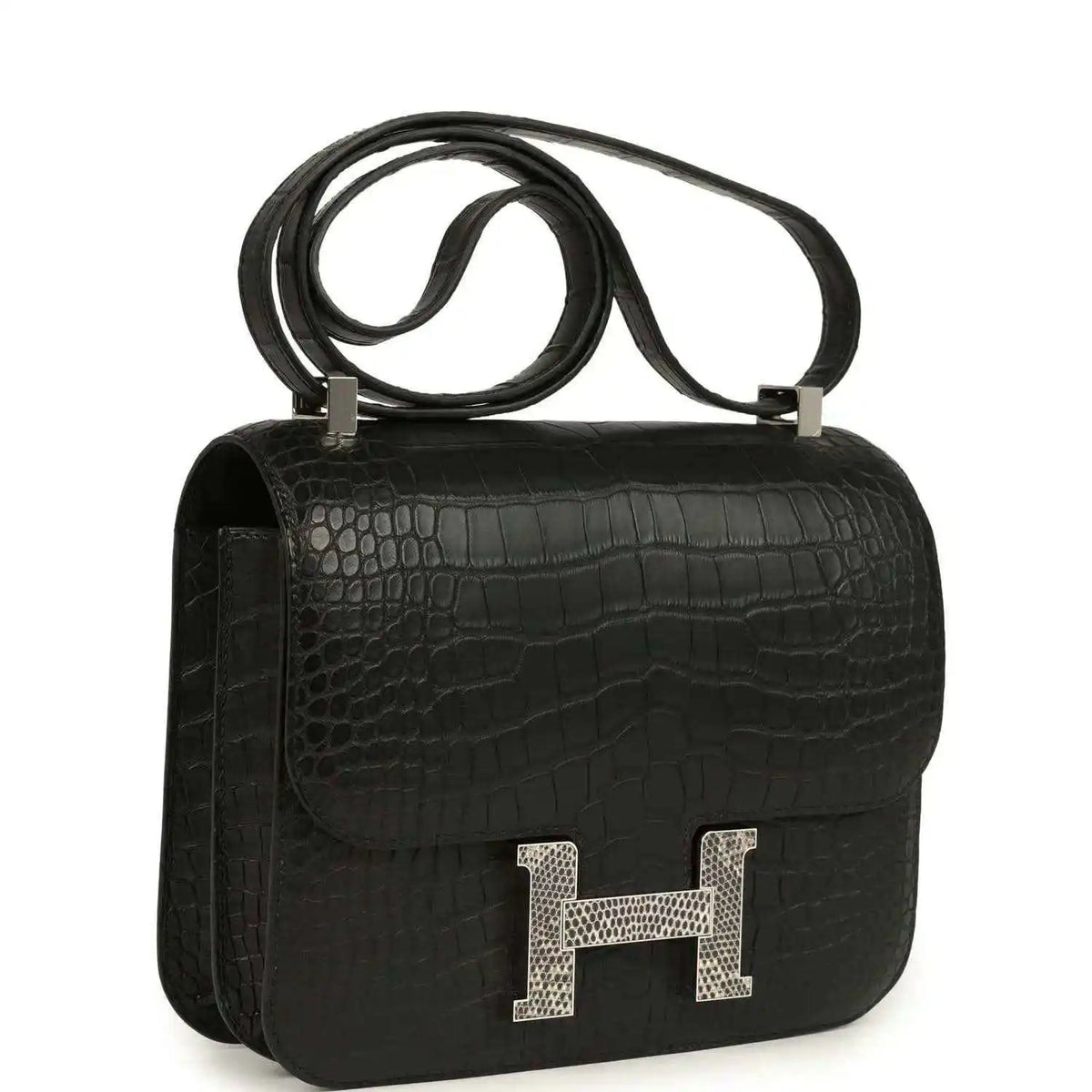 Black crocodile-pattern flap bag with gold H clasp and shoulder strap