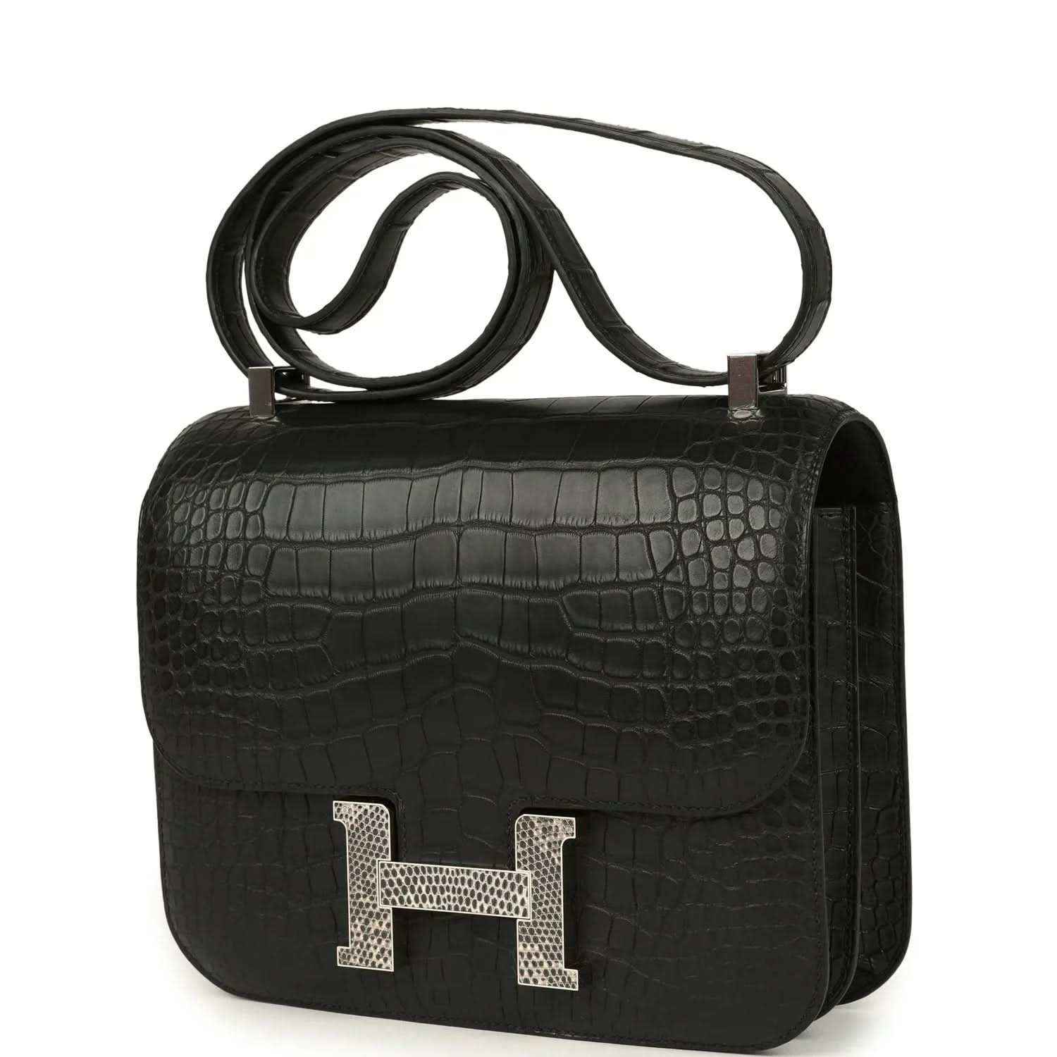 Black crocodile-pattern flap bag with gold H clasp and top handle