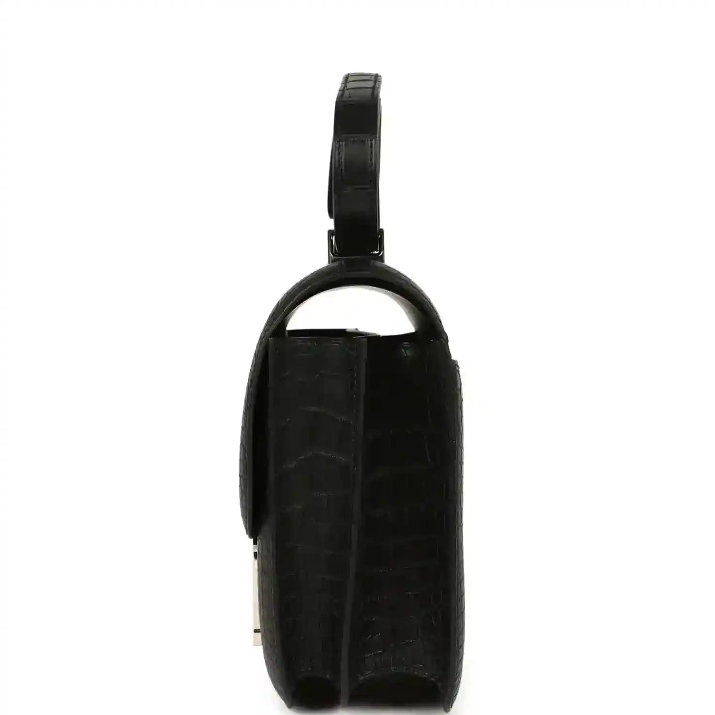 Black crocodile-pattern handbag with top handle and slim side profile