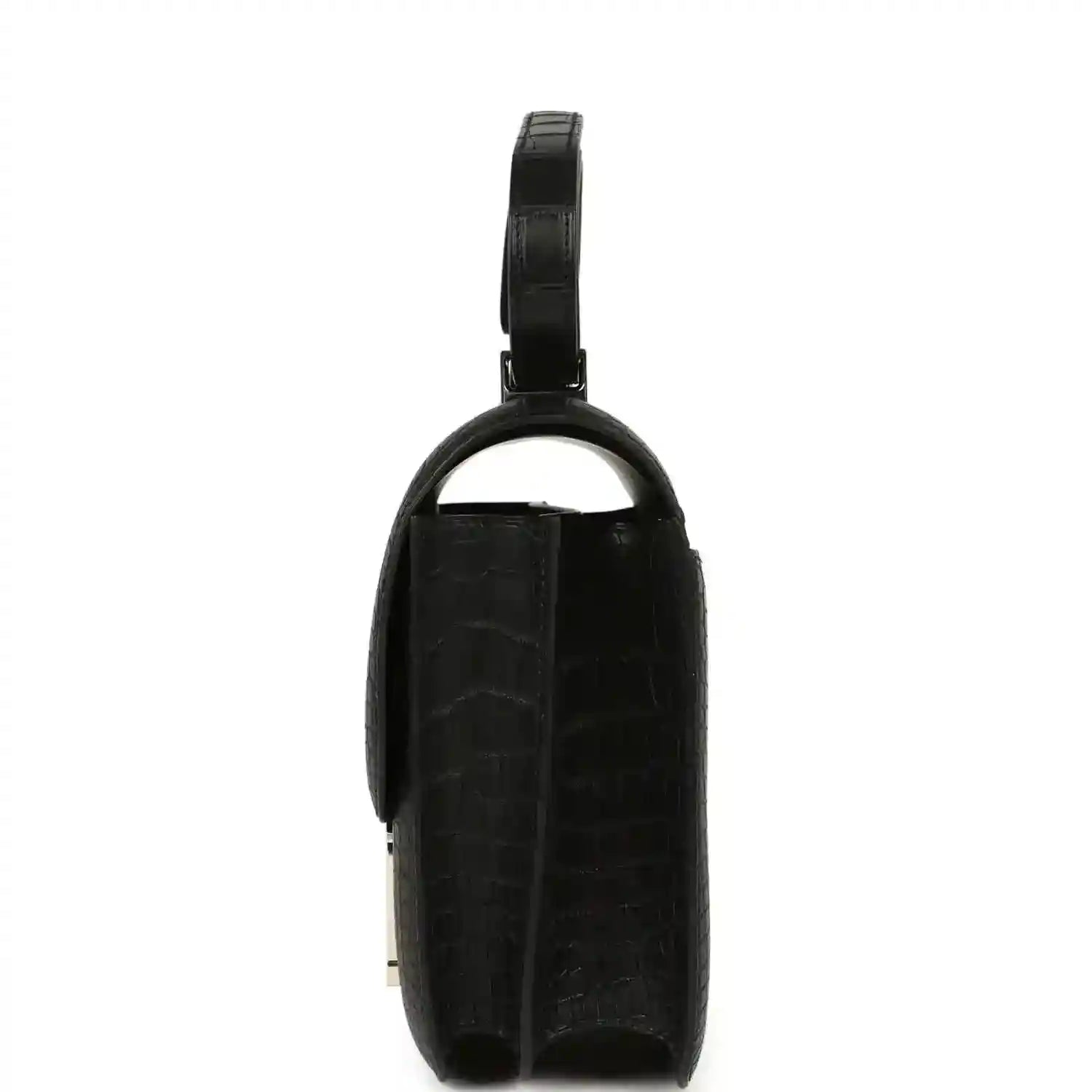Black crocodile-pattern handbag with top handle and slim side profile