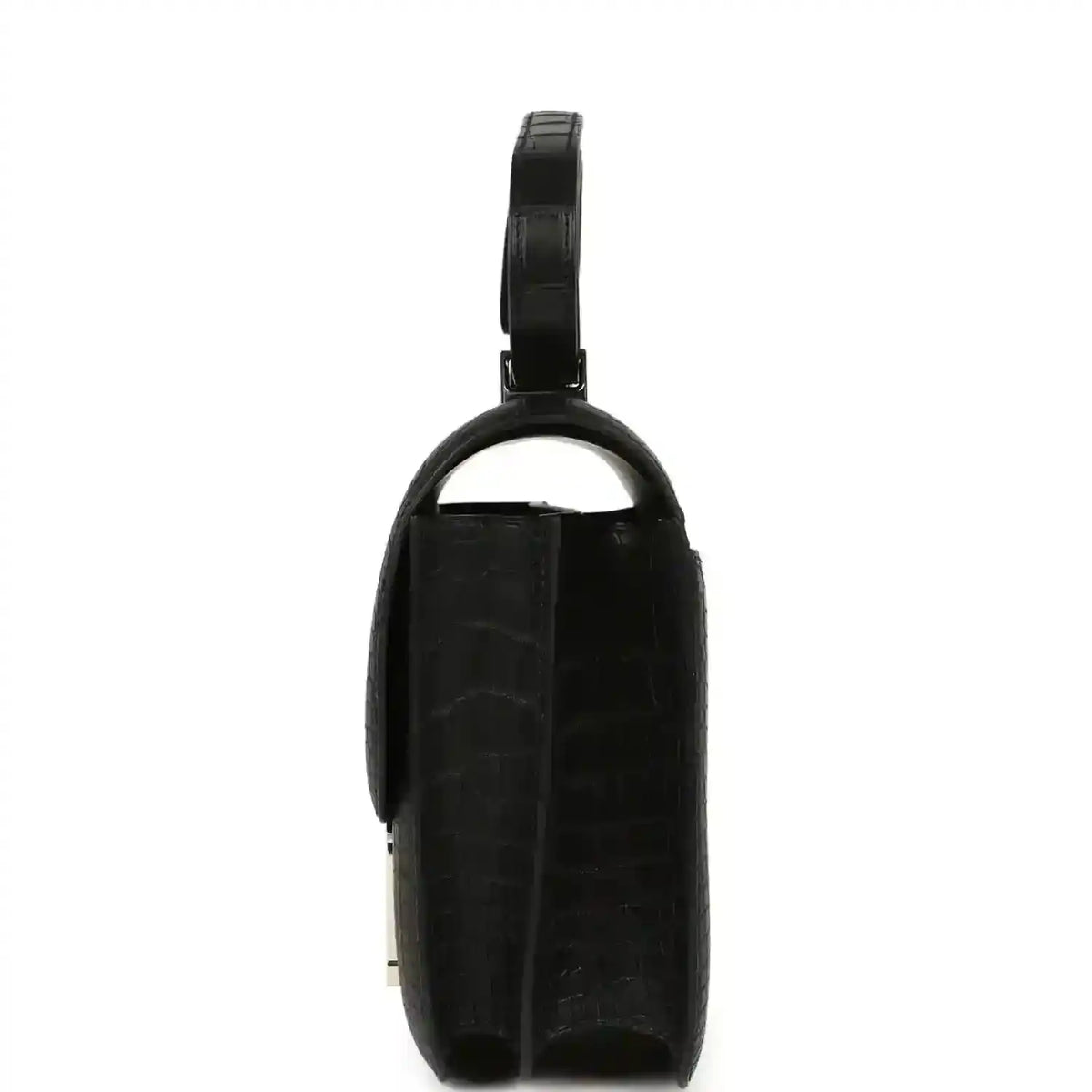 Black crocodile-pattern handbag with top handle and slim side profile