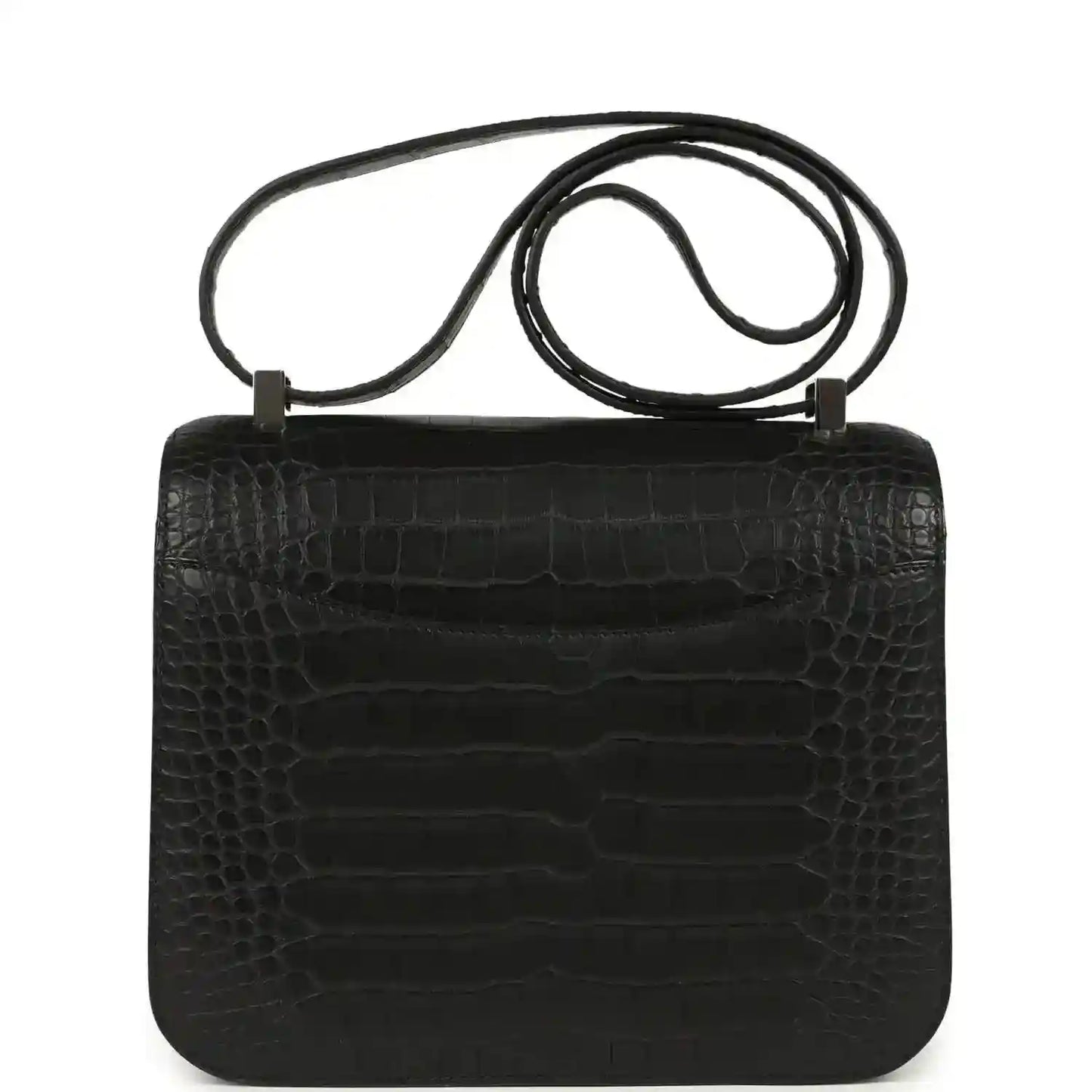 Black crocodile-pattern flap bag with top handle and shoulder strap