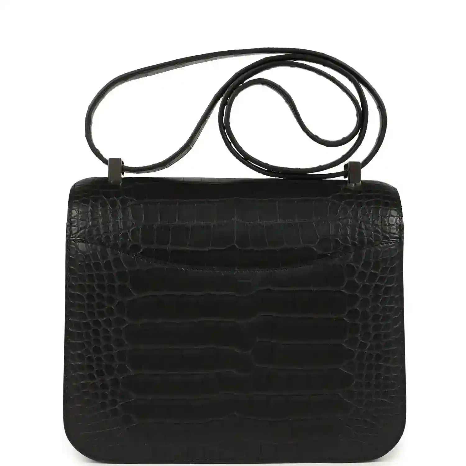 Black crocodile-pattern flap bag with top handle and shoulder strap